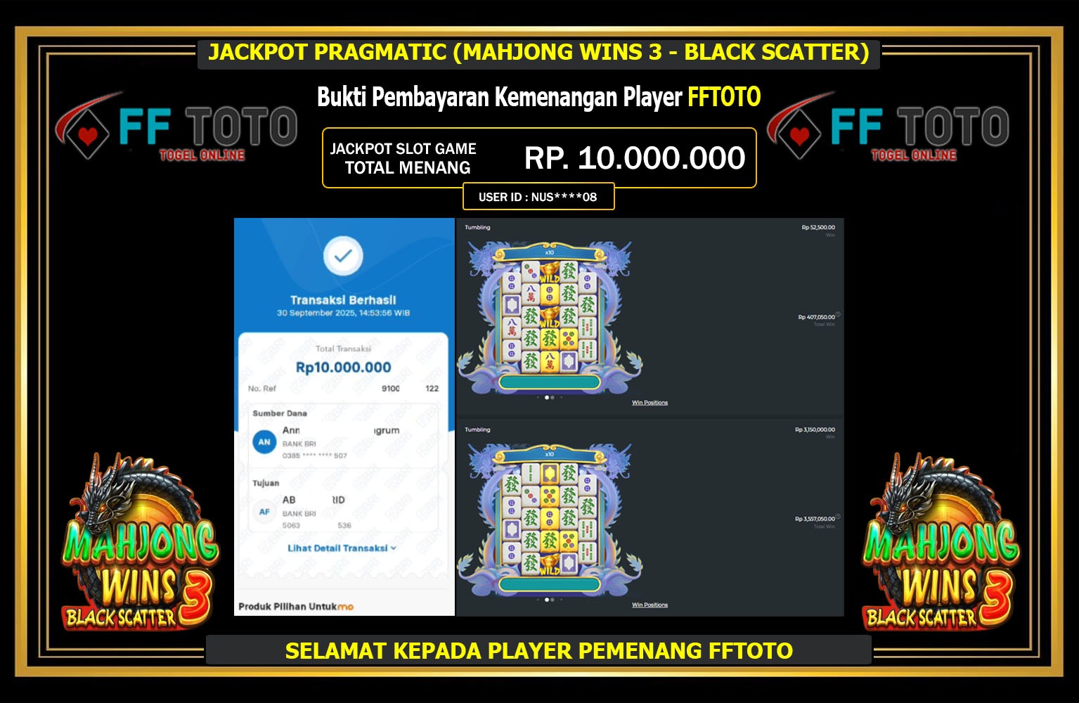 FFTOTO JACKPOT PRAGMATIC (MAHJONG WINS 3 - BLACK SCATTER) Rp.10.000.000,- LUNAS