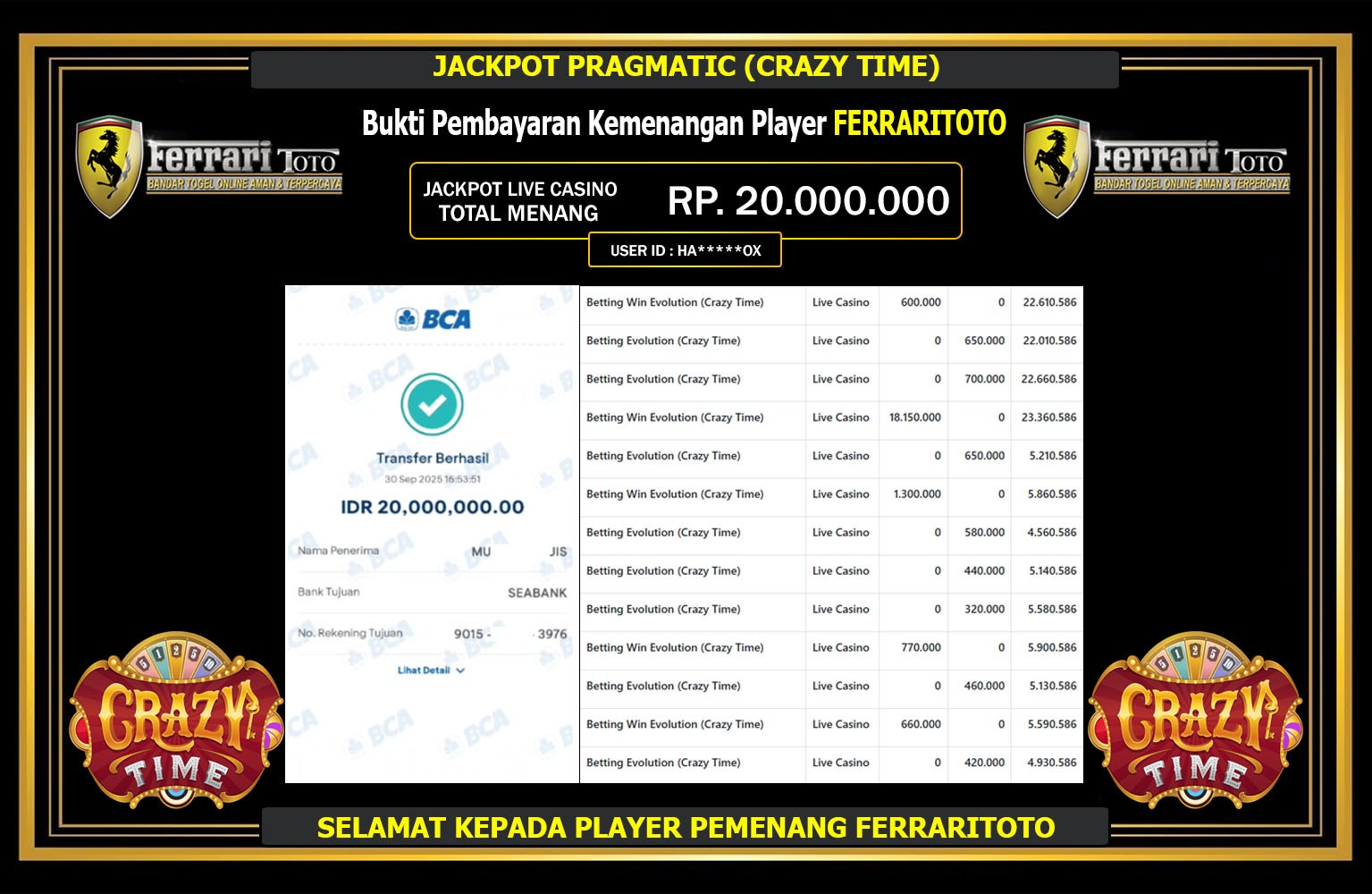 FERRARITOTO JACKPOT PRAGMATIC (CRAZY TIME) Rp.20.000.000,- LUNAS