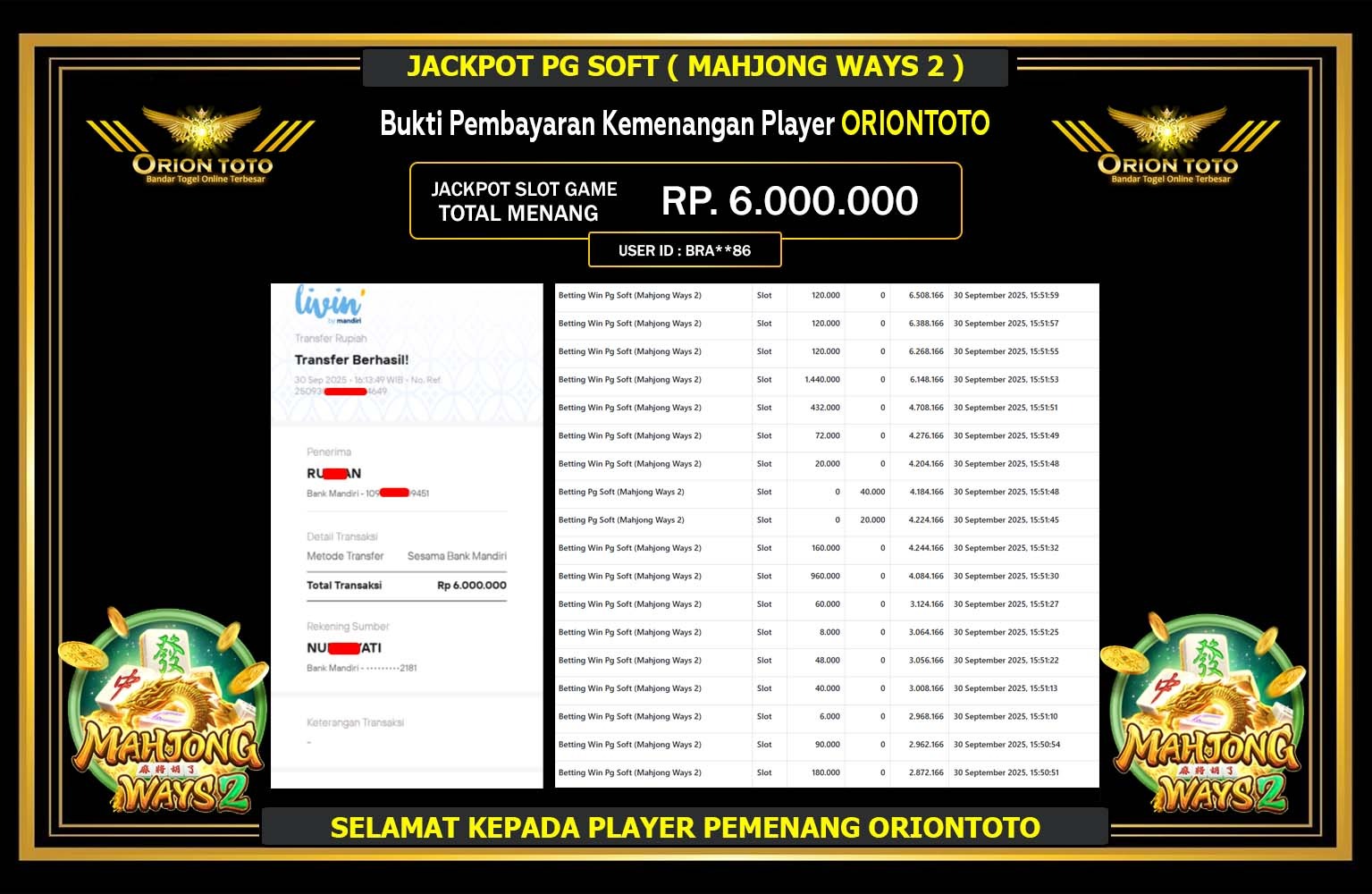 ORIONTOTO JACKPOT PG SOFT (MAHJONG WAYS) Rp.6.000.000,- LUNAS