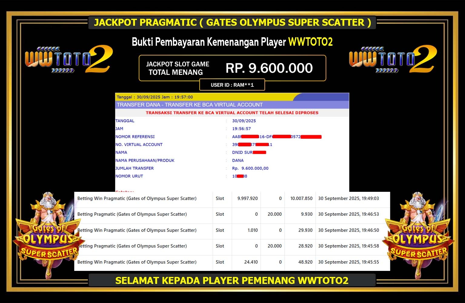 WWTOTO2 JACKPOT PRAGMATIC (Gates of Olympus Super Scatter) Rp.9.600.000,- LUNAS