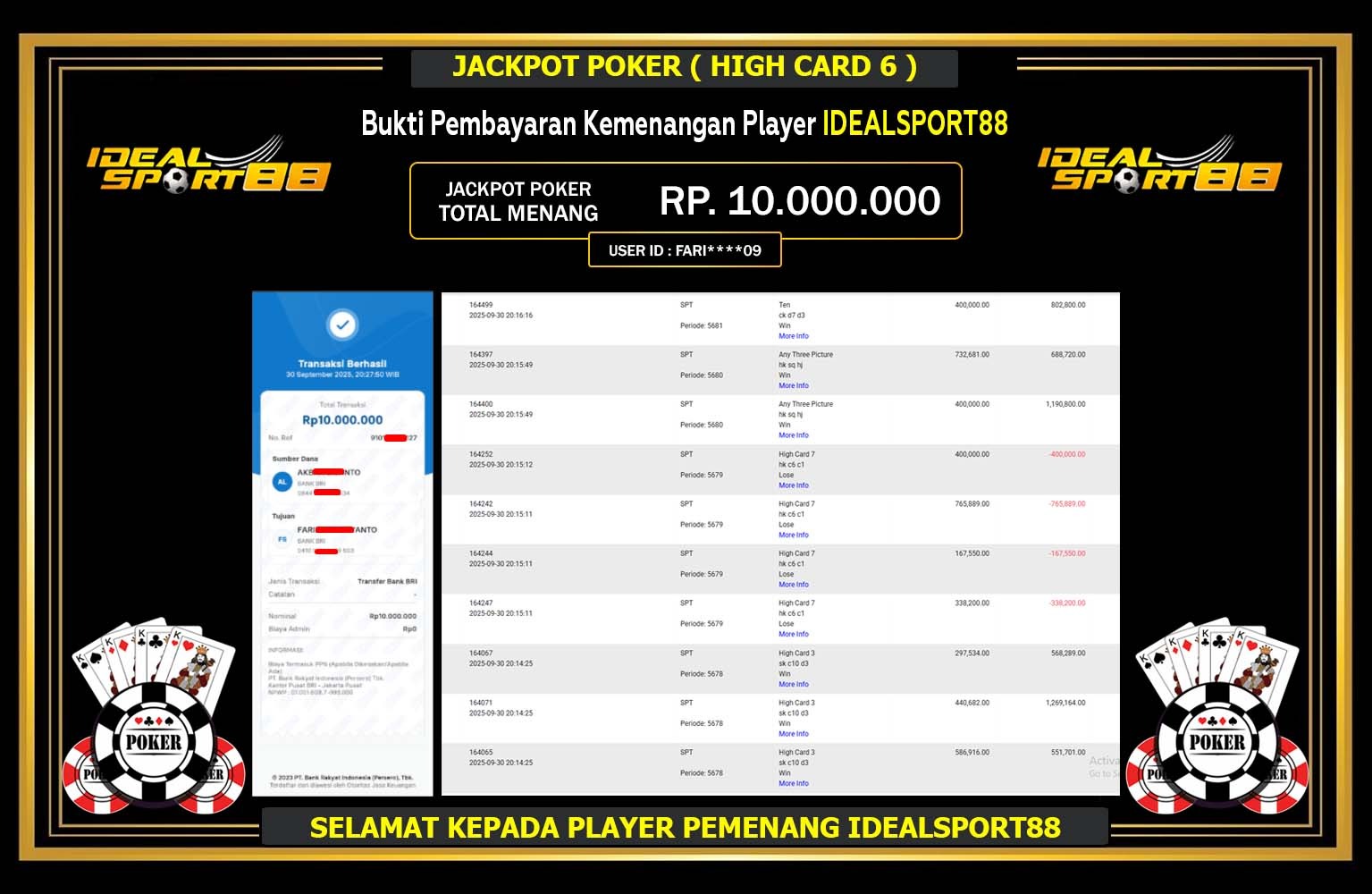 IDEALSPORT88 JACKPOT GAME POKER (HIGH CARD 6) Rp.10.000.000,- LUNAS