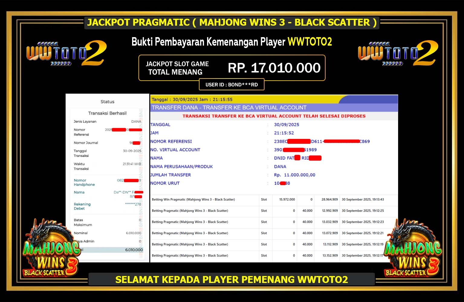 WWTOTO2 JACKPOT PRAGMATIC (Mahjong Wins 3 - Black Scatter) Rp.17.010.000,- LUNAS
