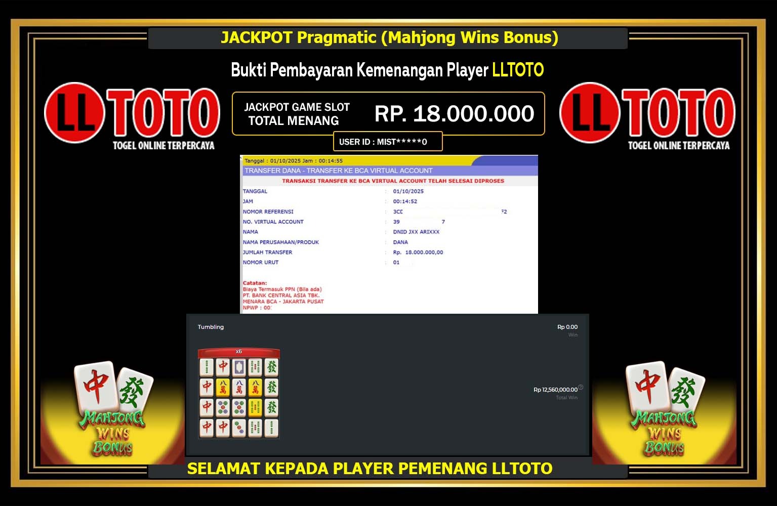 LLTOTO JACKPOT PRAGMATIC (MAHJONG WINS BONUS) Rp.18.000.000,- LUNAS
