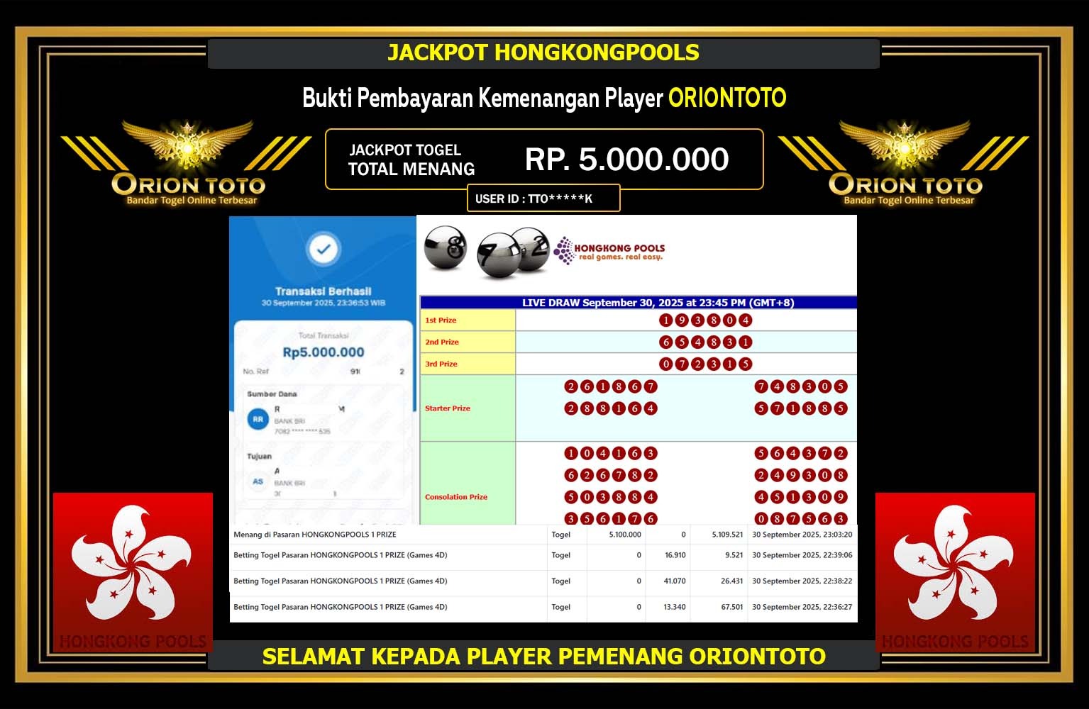 ORIONTOTO JACKPOT LINE TOGEL (HONGKONG POOLS) Rp.5.000.000,- LUNAS