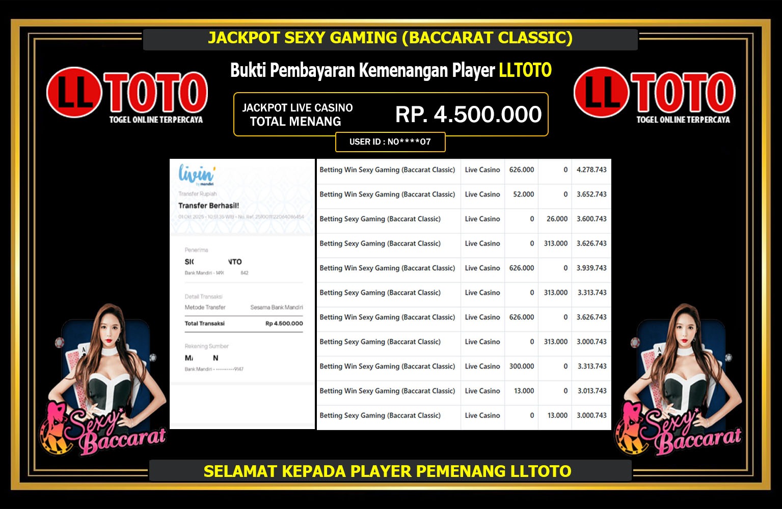 LLTOTO JACKPOT SEXY GAMING (BACCARAT CLASSIC) Rp.4.500.000,- LUNAS