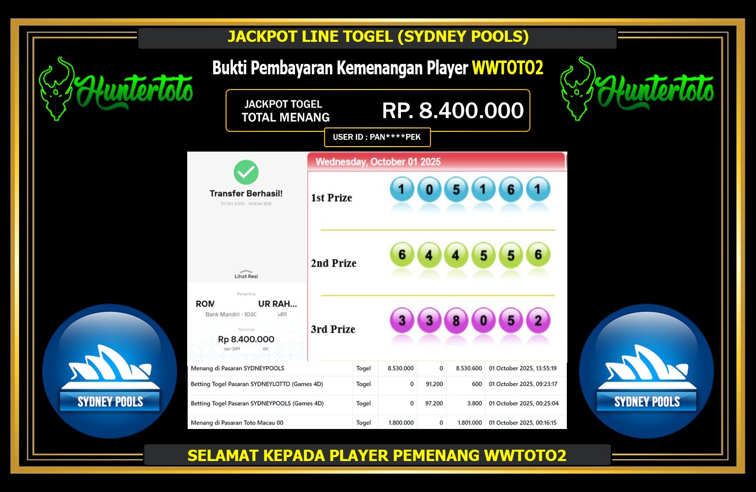HUNTERTOTO JACKPOT LINE TOGEL (SYDNEY POOLS) Rp.8.400.000,- LUNAS