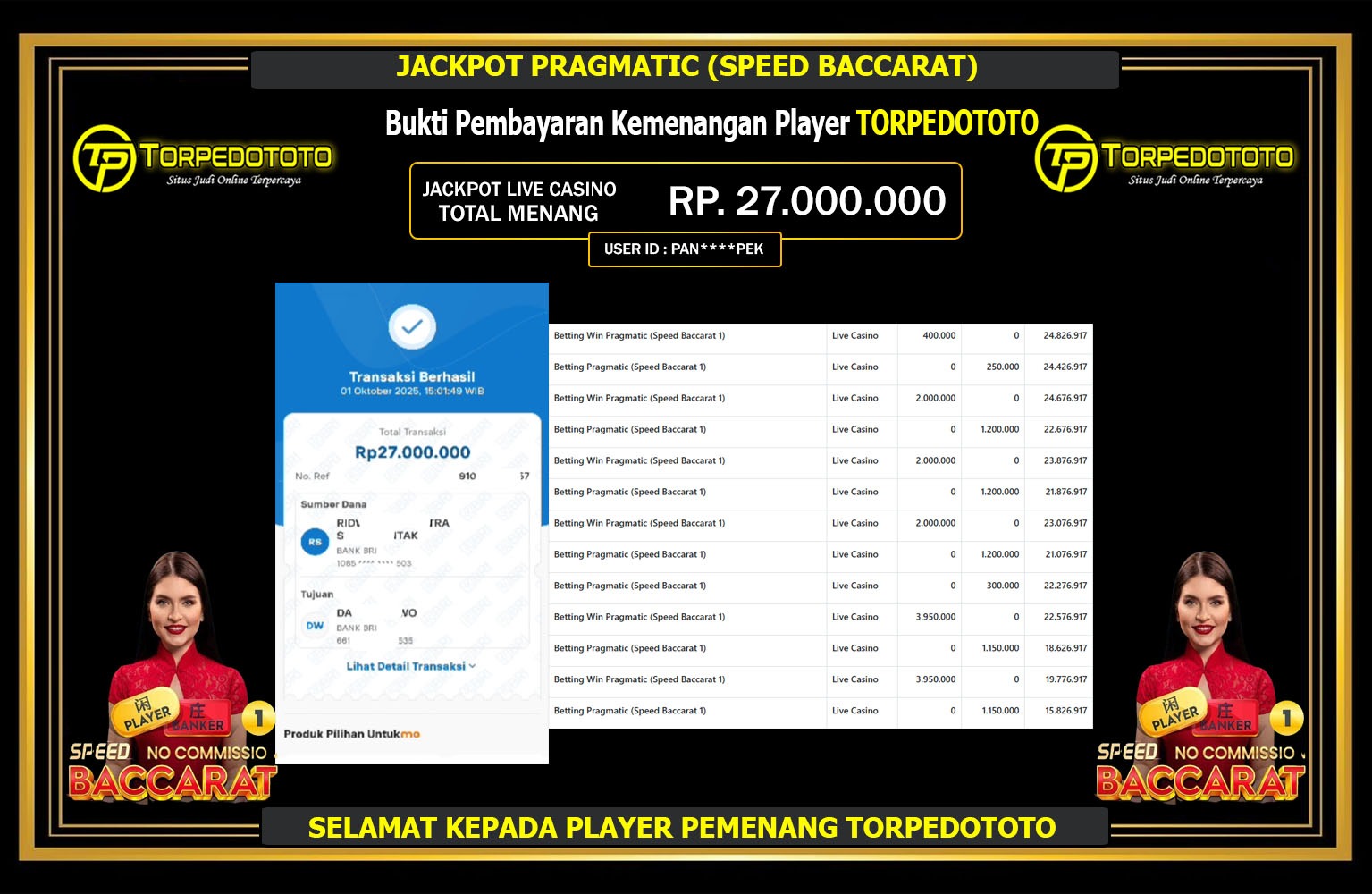 TORPEDOTOTO JACKPOT PRAGMATIC (SPEED BACCARAT) Rp.27.000.000,- LUNAS