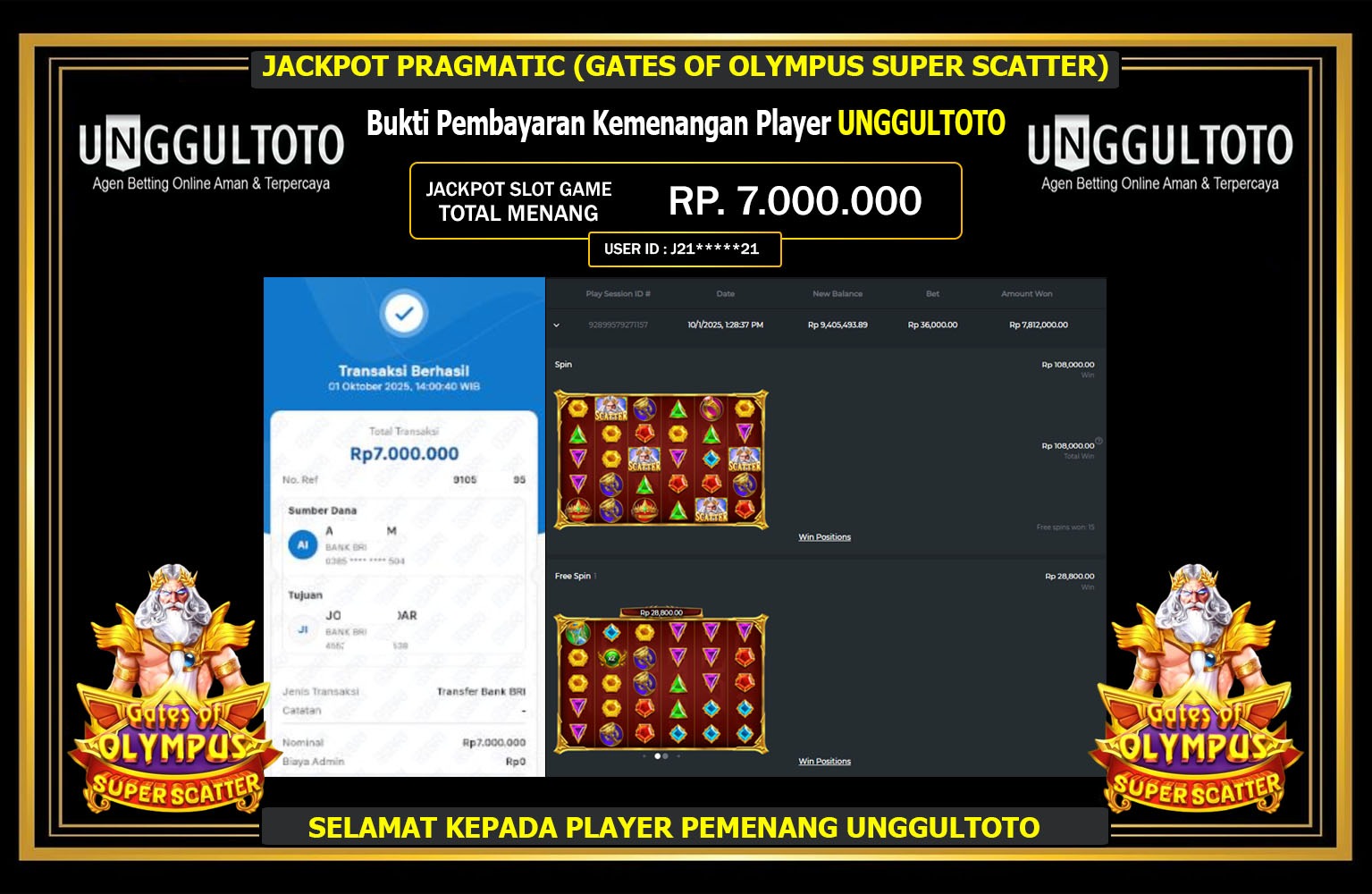 UNGGULTOTO JACKPOT PRAGMATIC (GATES OF OLYMPUS SUPER SCATTER) Rp.7.000.000,- LUNAS