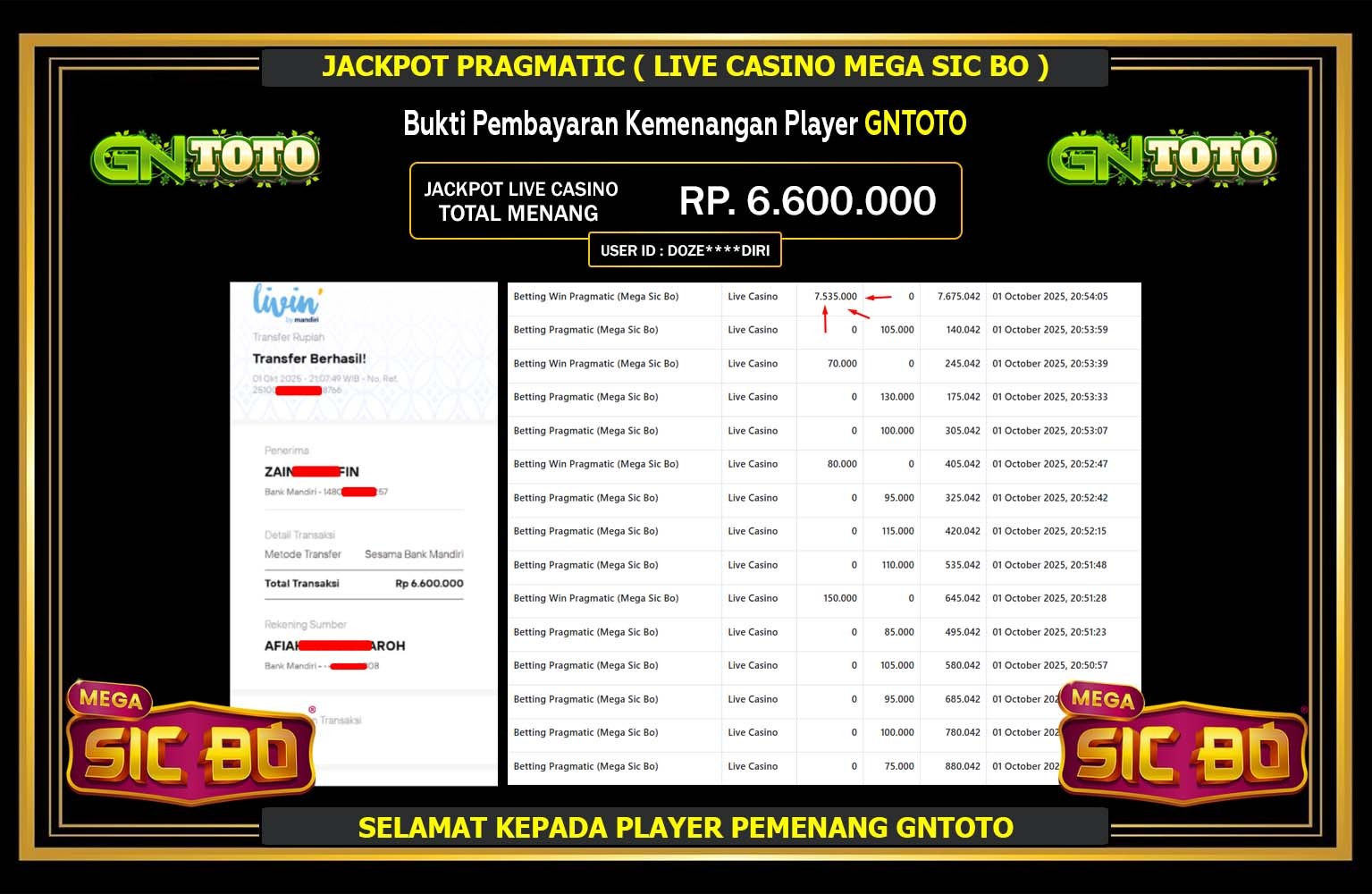 GNTOTO JACKPOT PRAGMATIC (MEGA SIC BO) Rp.6.600.000,- LUNAS