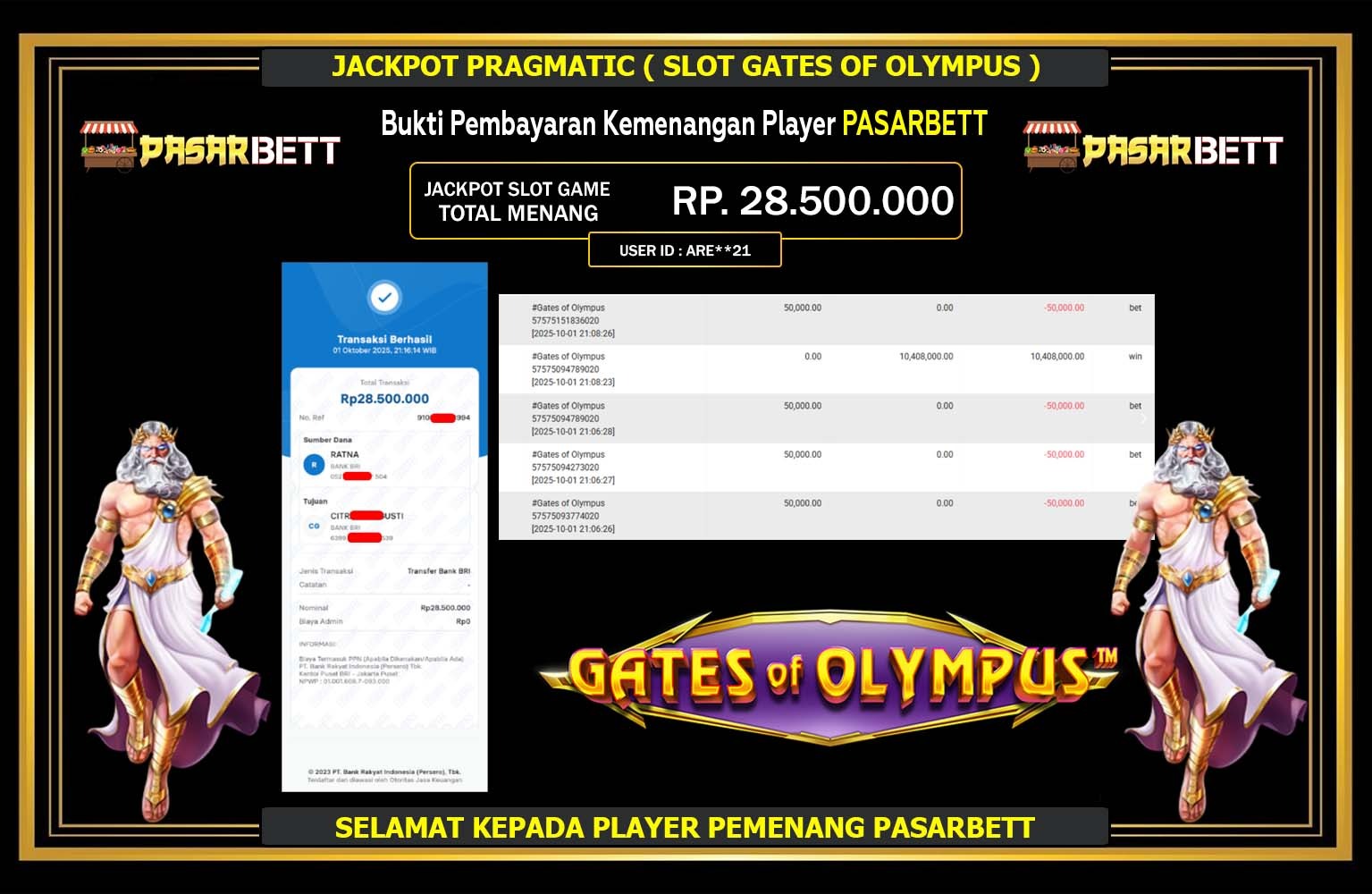 PASARBETT JACKPOT PRAGMATIC (GATES OF OLYMPUS) Rp.28.500.000,- LUNAS