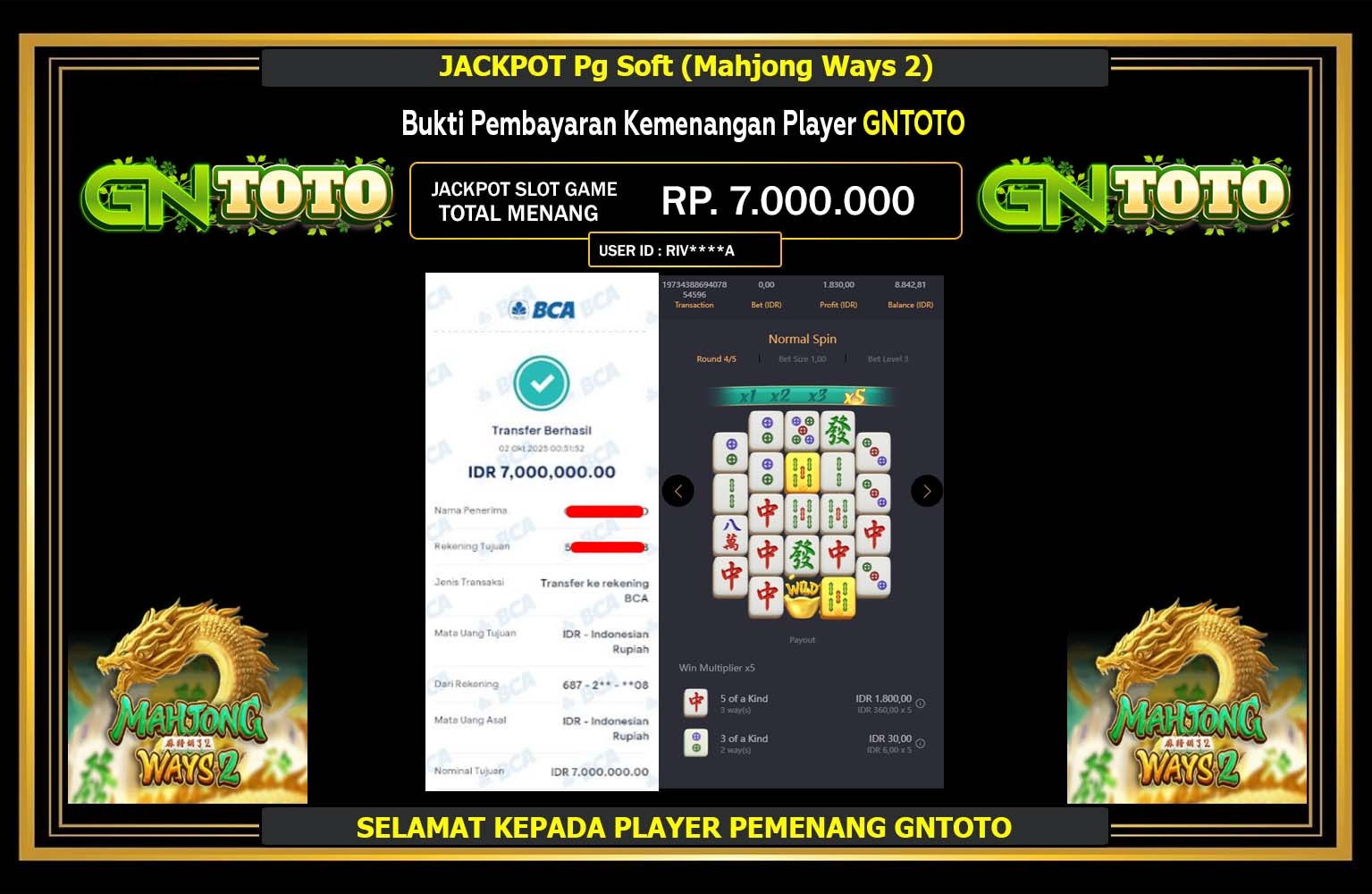 GNTOTO JACKPOT PG SOFT (MAHJONG WAYS 2) Rp.7.000.000,- LUNAS