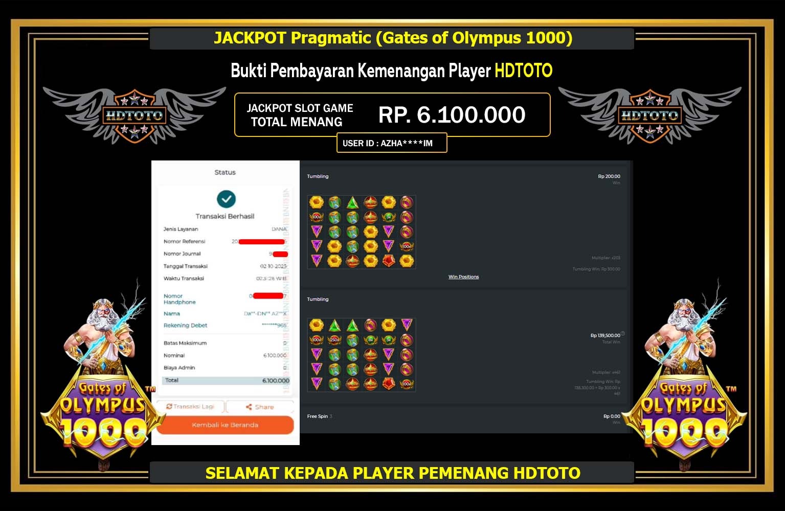 HDTOTO JACKPOT PRAGMATIC (GATES OF OLYMPUS 1000) Rp.6.100.000,- LUNAS