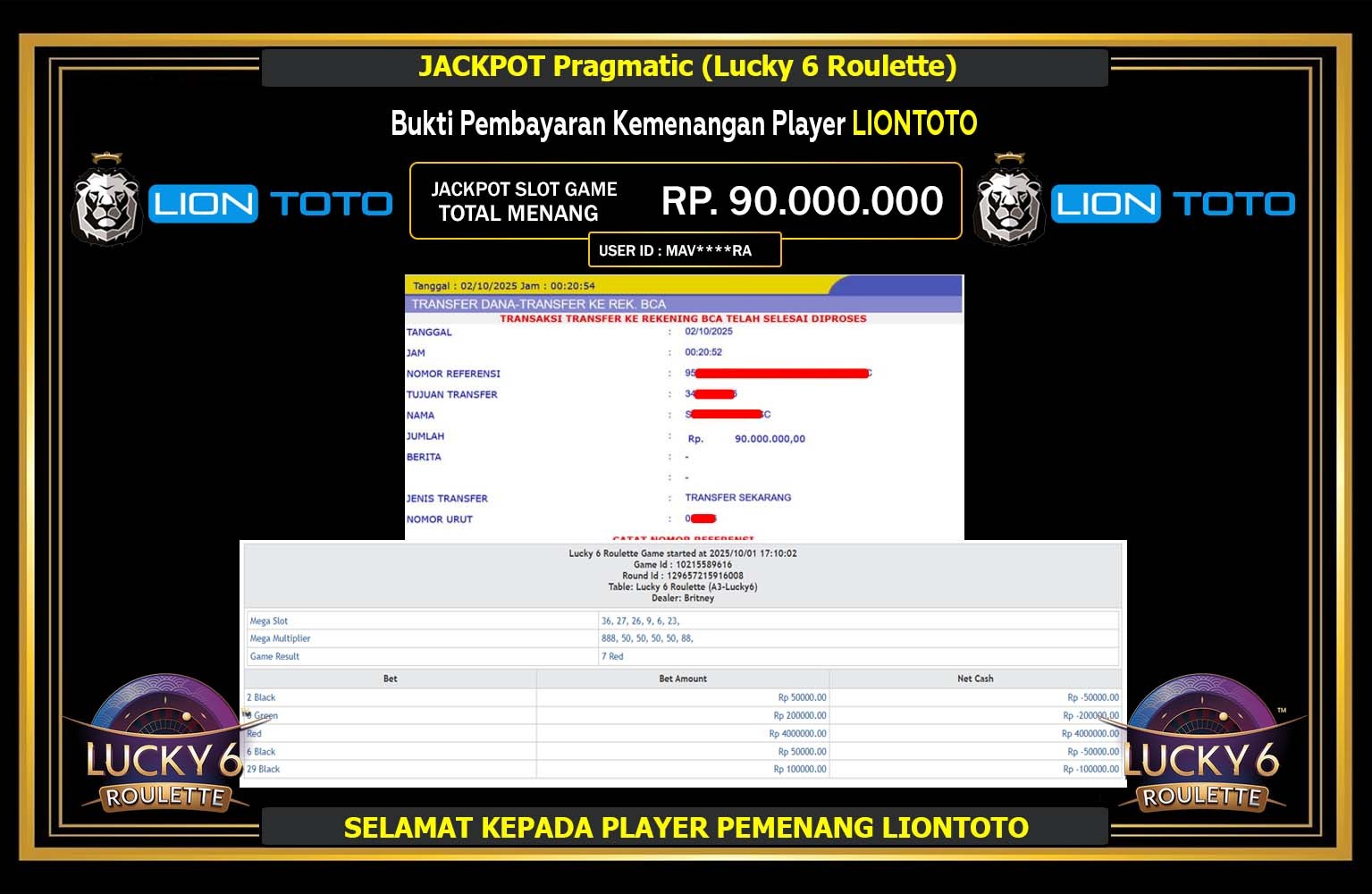 LIONTOTO JACKPOT PRAGMATIC (LUCKY 6 ROULETTE) Rp.90.000.000,- LUNAS
