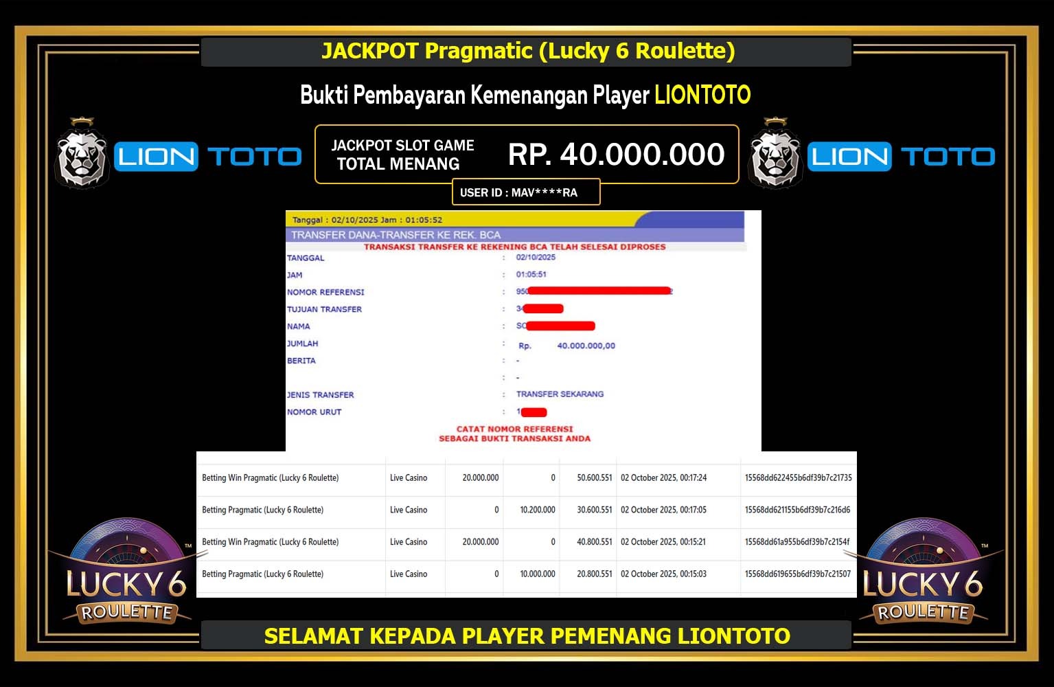 LIONTOTO JACKPOT PRAGMATIC (LUCKY 6 ROULETTE) Rp.40.000.000,- LUNAS