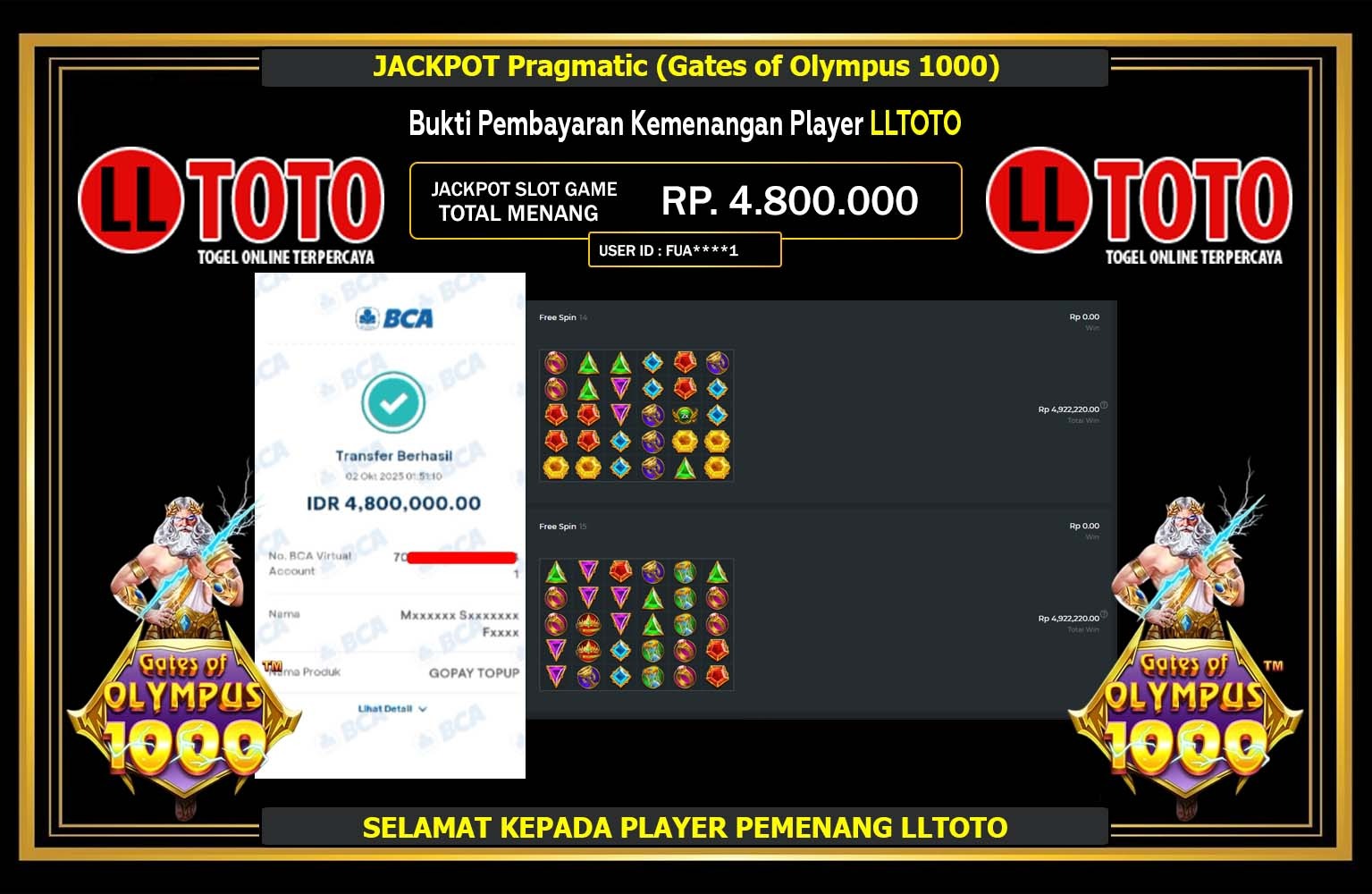 LLTOTO JACKPOT PRAGMATIC (GATES OF OLYMPUS 1000) Rp.4.800.000,- LUNAS