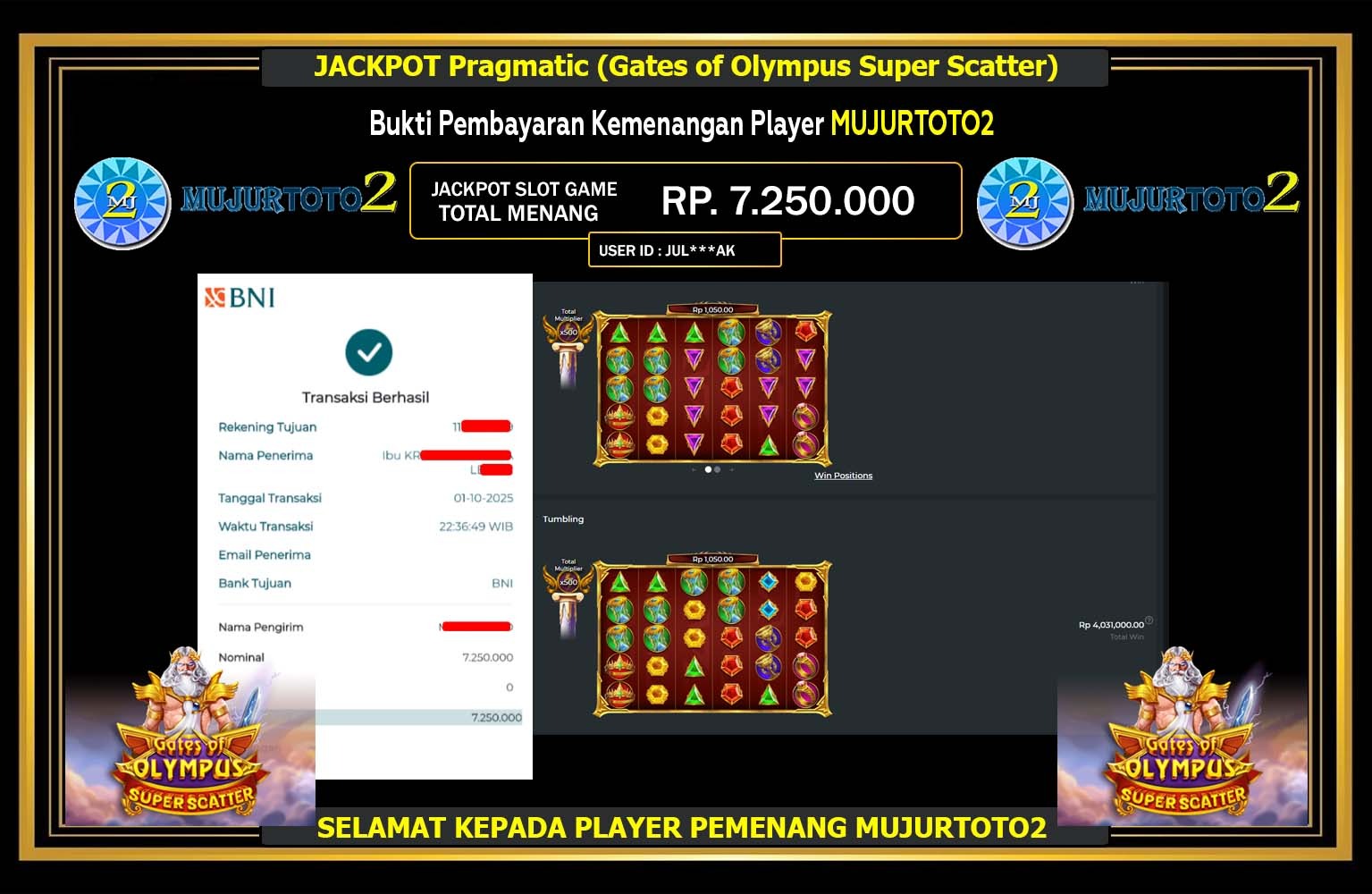 MUJURTOTO2 JACKPOT PRAGMATIC (GATES OF OLYMPUS SUPER SCATTER) Rp.7.250.000,- LUNAS