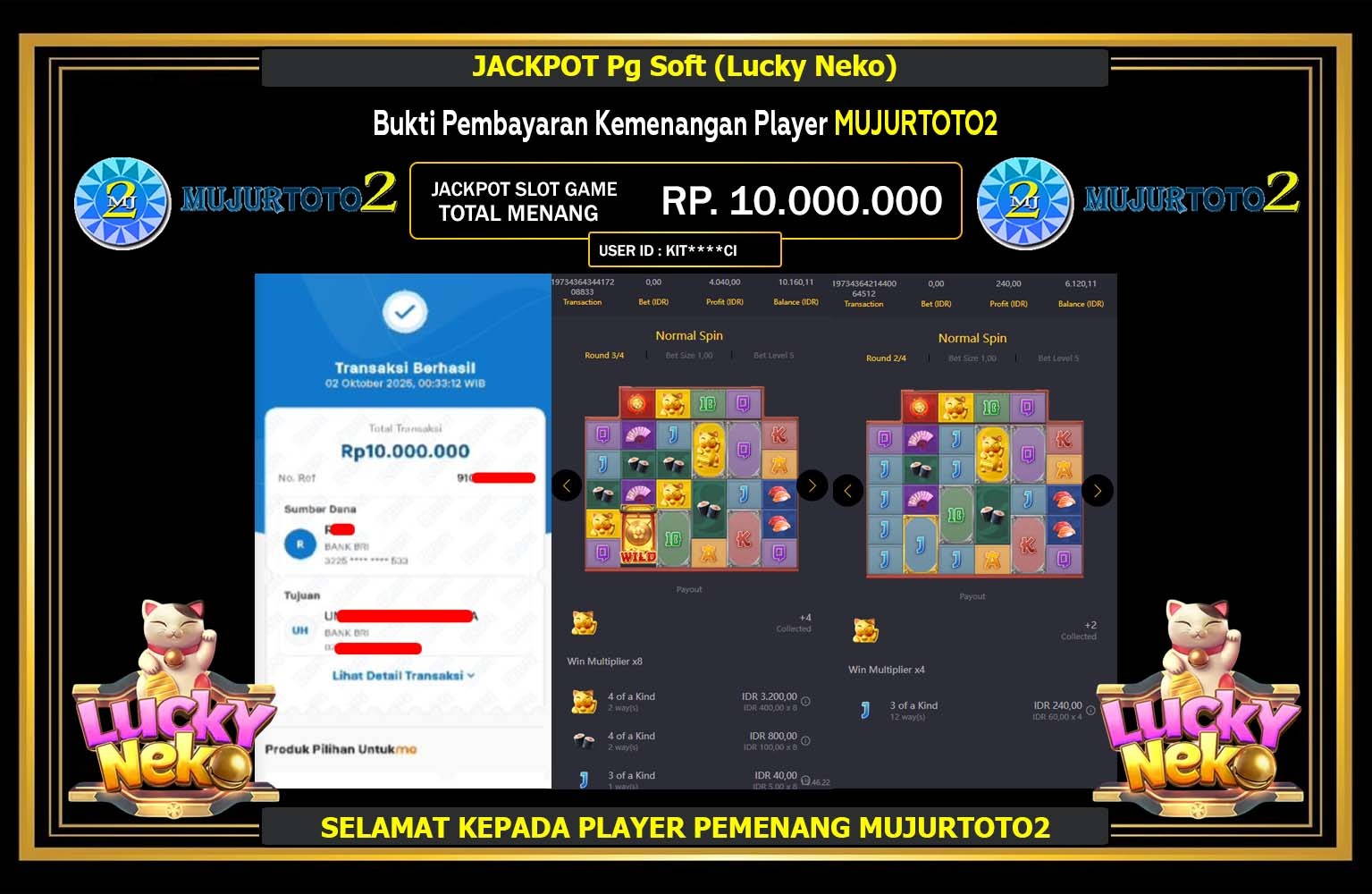 MUJURTOTO2 JACKPOT PG SOFT (LUCKY NEKO) Rp.10.000.000,- LUNAS