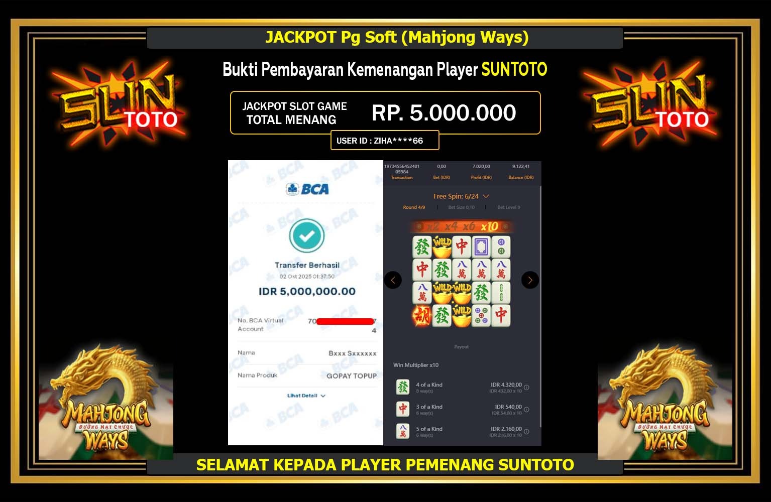 SUNTOTO JACKPOT PG SOFT (MAHJONG WAYS) Rp.5.000.000,- LUNAS