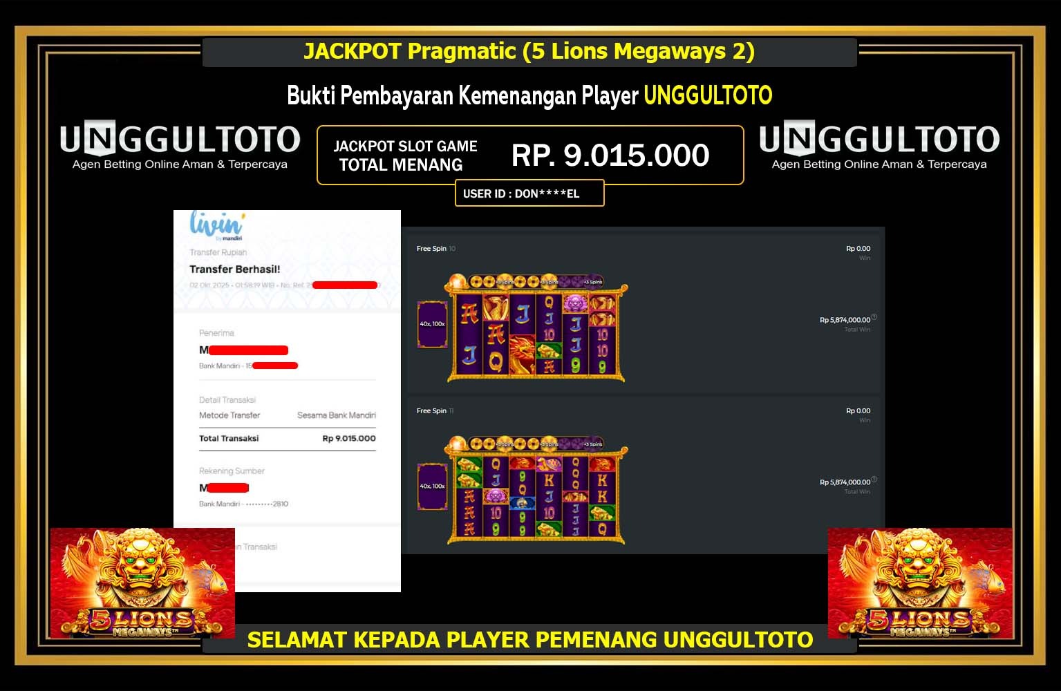 UNGGULTOTO JACKPOT PRAGMATIC (5 LION MEGAWAYS 2) Rp.9.015.000,- LUNAS