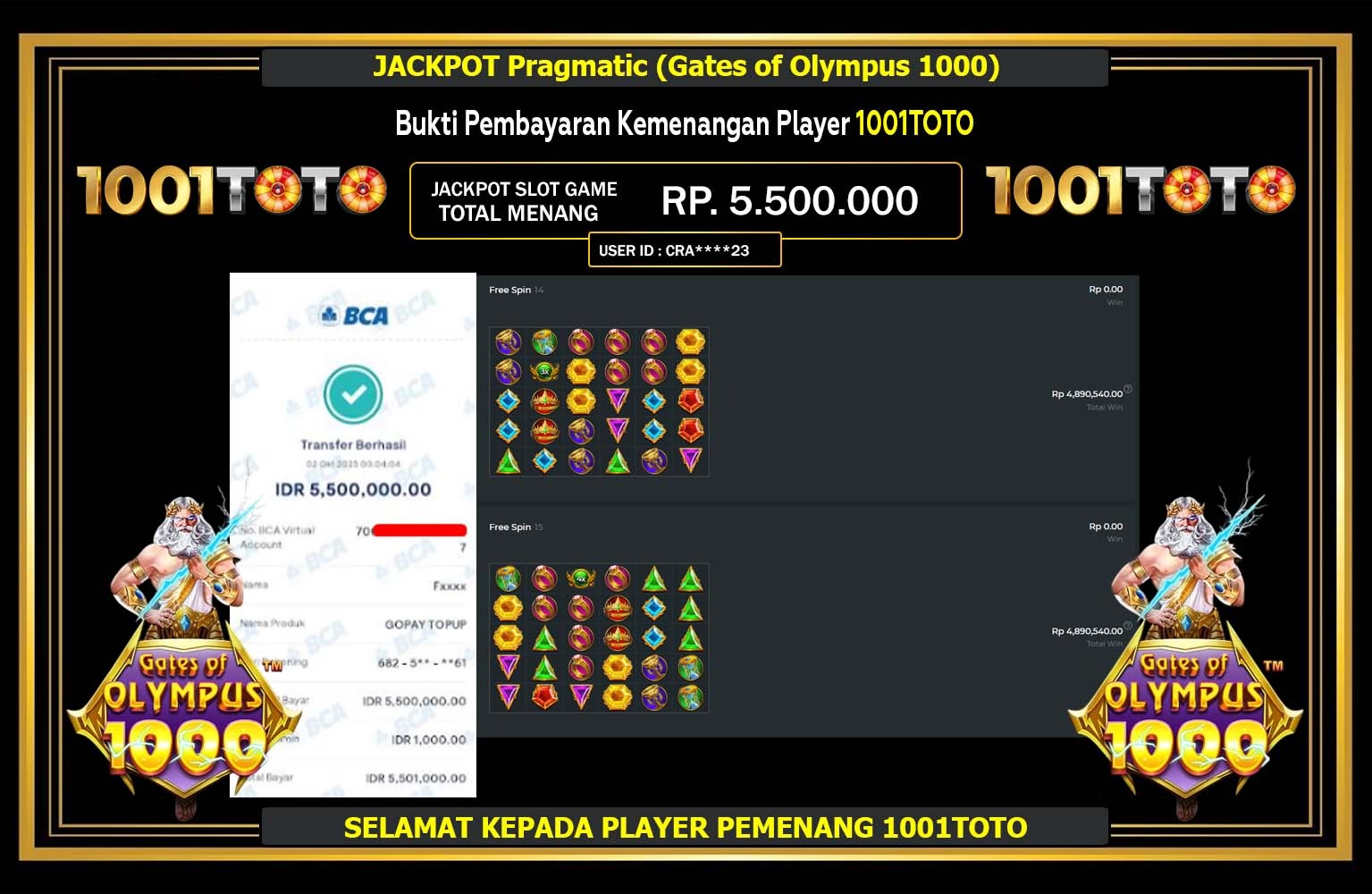 1001TOTO JACKPOT PRAGMATIC (GATES OF OLYMPUS 1000) Rp.5.500.000,- LUNAS