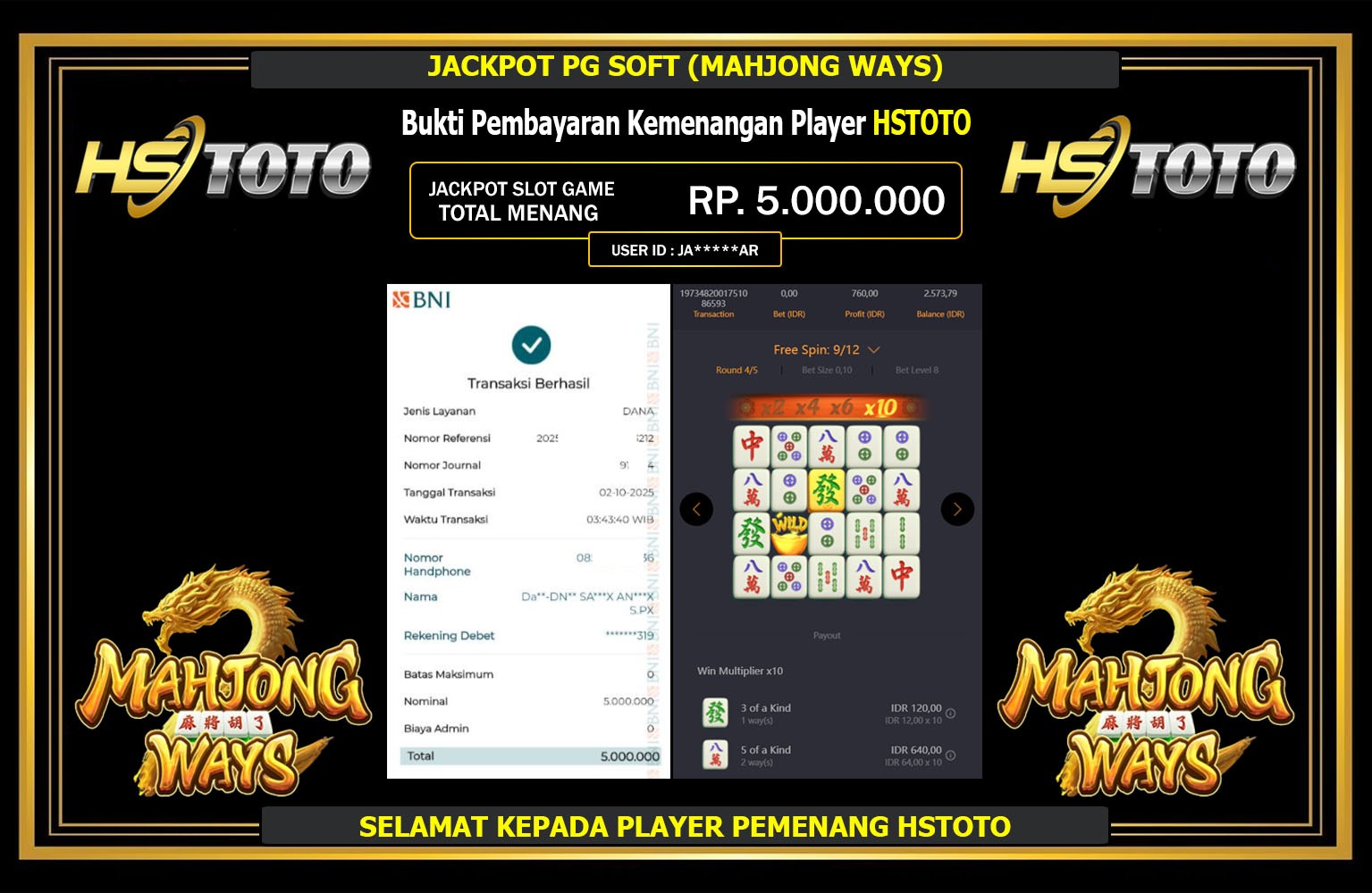 HSTOTO JACKPOT PG SOFT (MAHJONG WAYS) Rp.5.000.000,- LUNAS