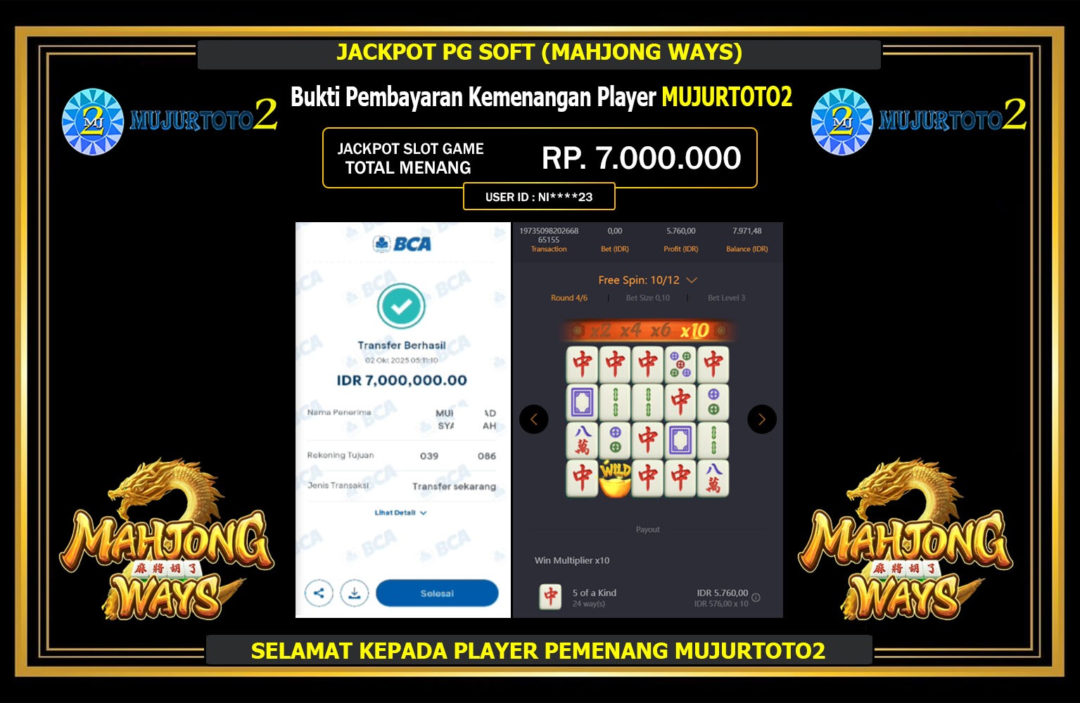 MUJURTOTO2 JACKPOT PG SOFT (MAHJONG WAYS) Rp.7.000.000,- LUNAS