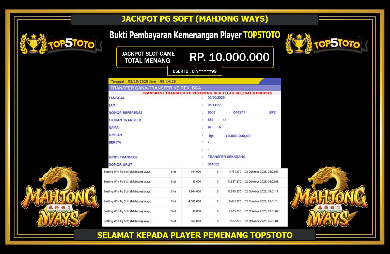 TOP5TOTO JACKPOT PG SOFT (MAHJONG WAYS) Rp.10.000.000,- LUNAS