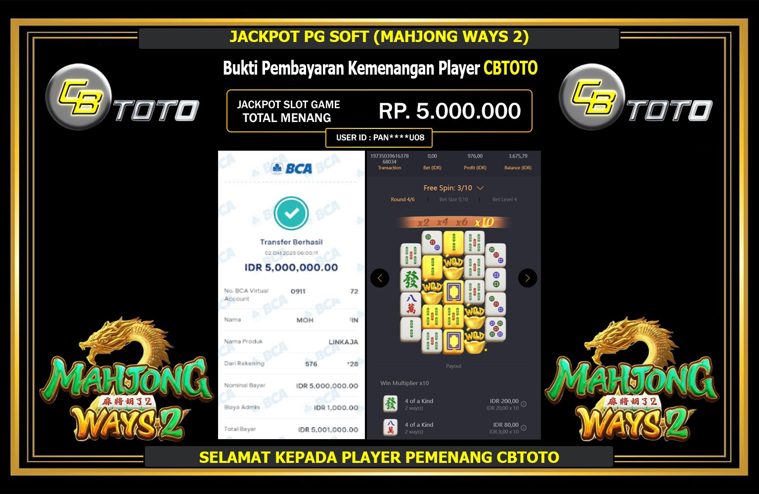 CBTOTO JACKPOT PG SOFT (MAHJONG WAYS 2) Rp.5.000.000,- LUNAS