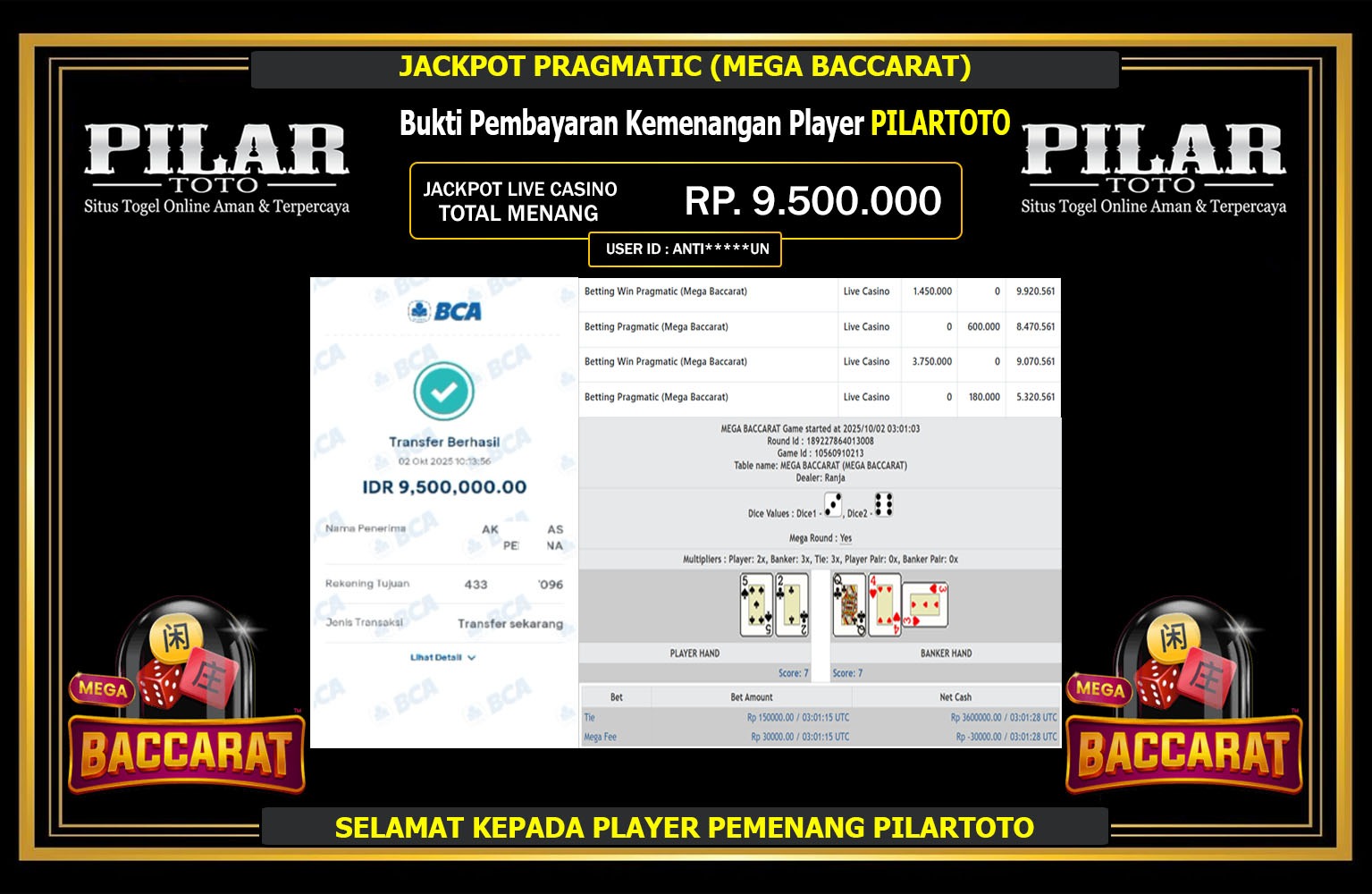 PILARTOTO JACKPOT PRAGMATIC (MEGA BACCARAT) Rp.9.500.000,- LUNAS