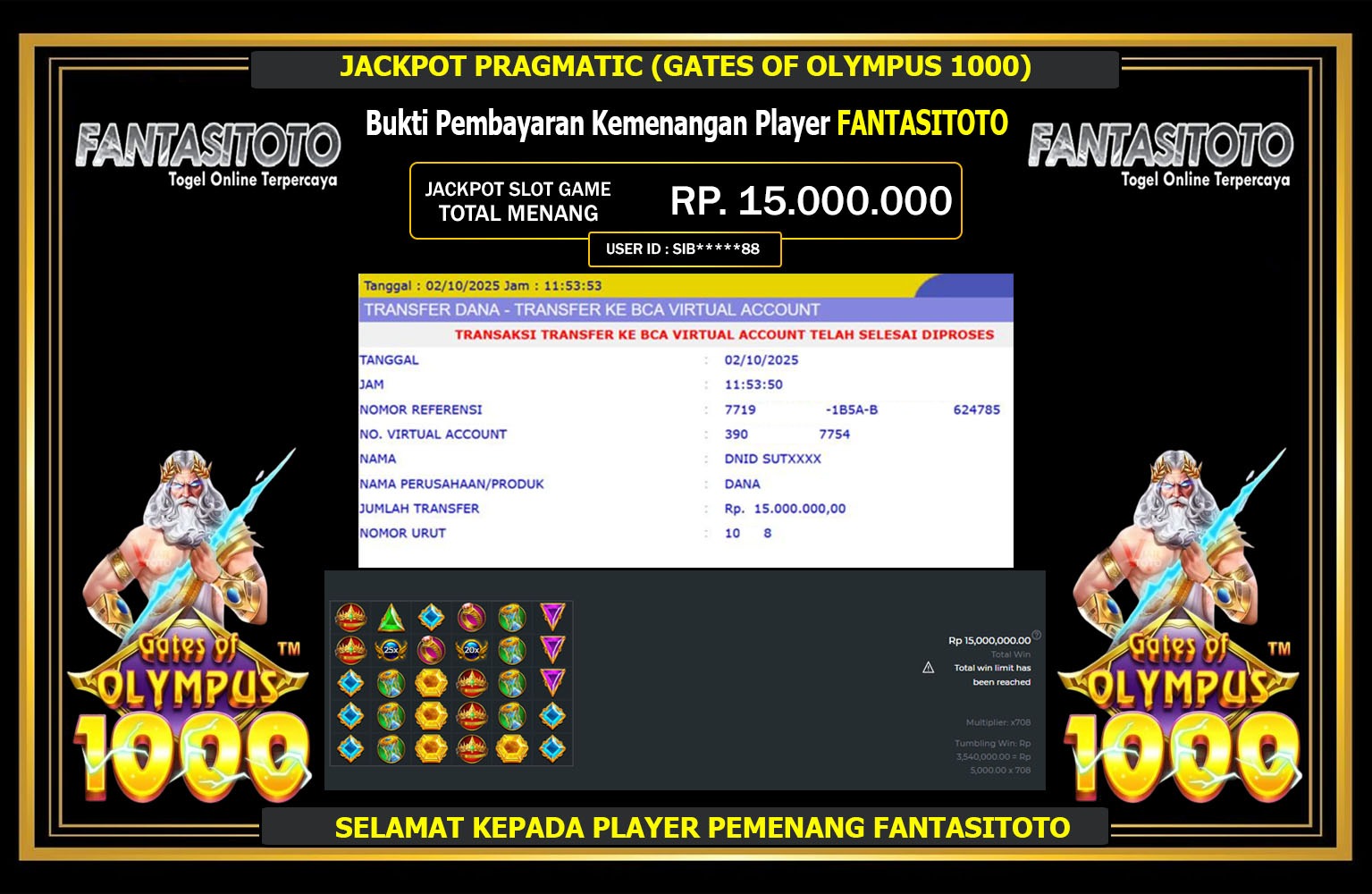 FANTASITOTO JACKPOT PRAGMATIC (GATES OF OLYMPUS 1000) Rp.15.000.000,- LUNAS