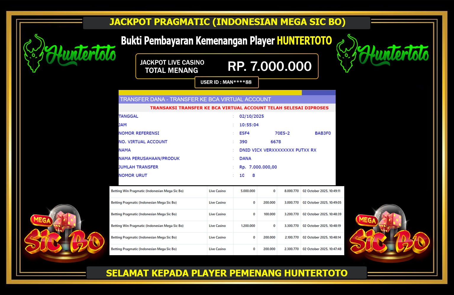 HUNTERTOTO JACKPOT PRAGMATIC (INDONESIAN MEGA SIC BO) Rp.7.000.000,- LUNAS