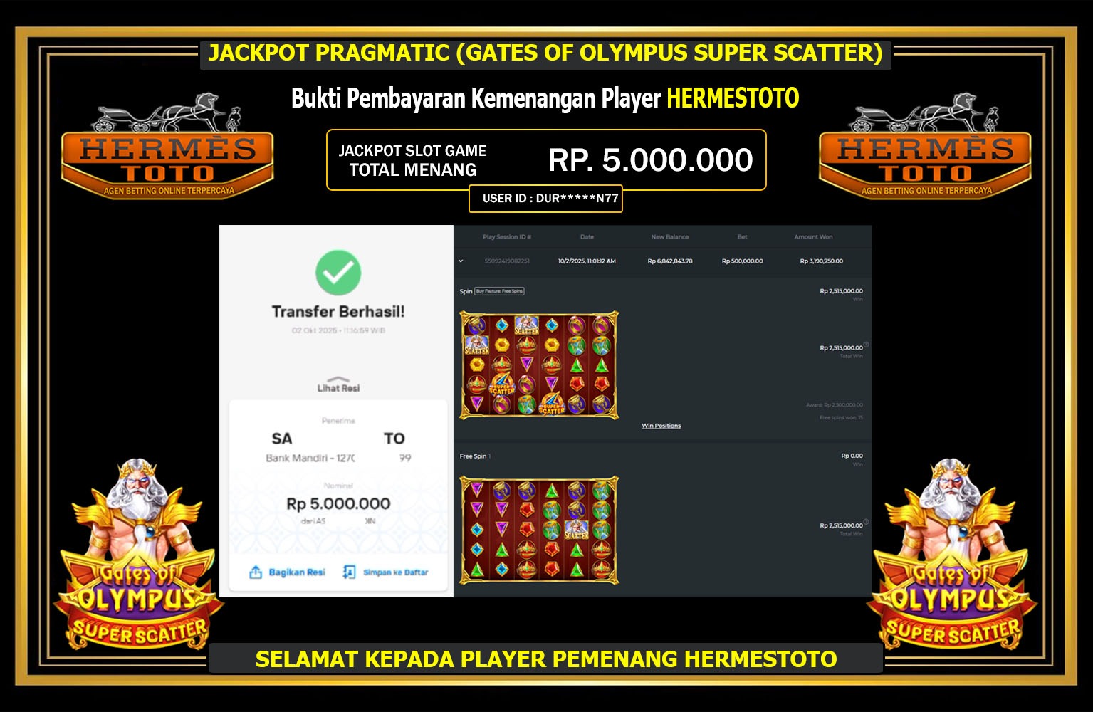 HERMESTOTO JACKPOT PRAGMATIC (GATES OF OLYMPUS SUPER SCATTER) Rp.5.000.000,- LUNAS