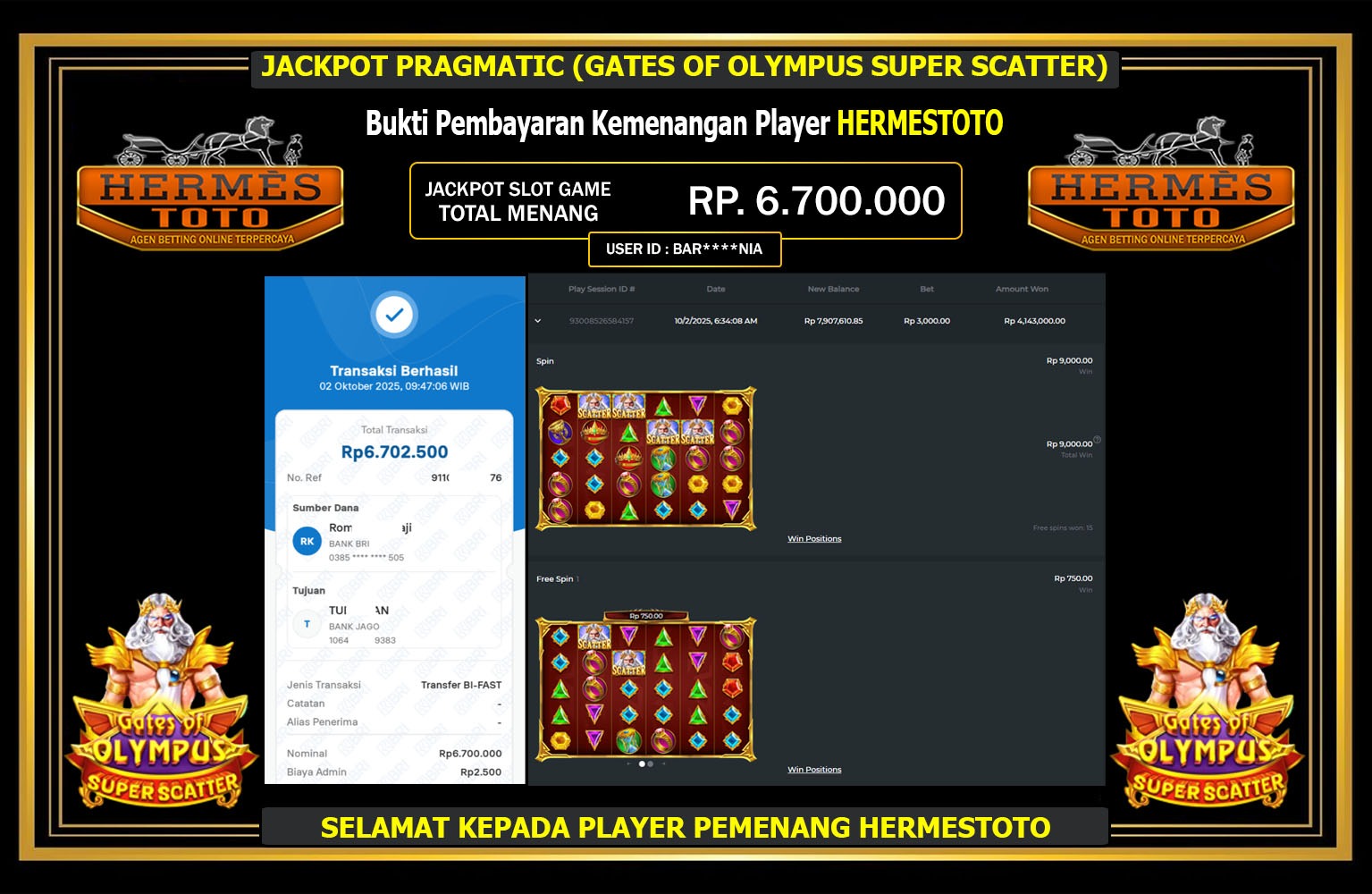 HERMESTOTO JACKPOT PRAGMATIC (GATES OF OLYMPUS SUPER SCATTER) Rp.6.700.000,- LUNAS