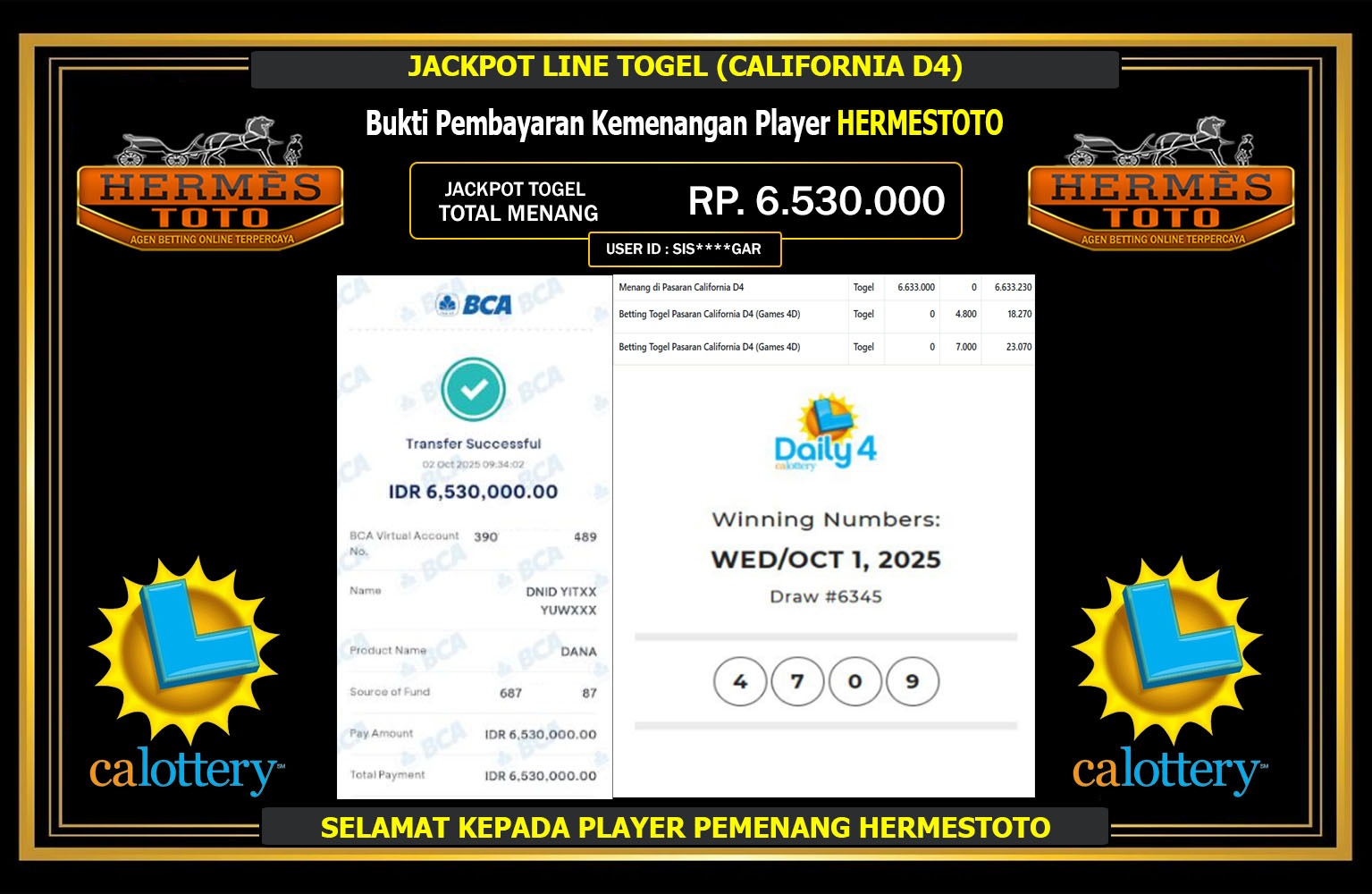 HERMESTOTO JACKPOT LINE TOGEL (CALIFORNIA D4) Rp.6.530.000,- LUNAS