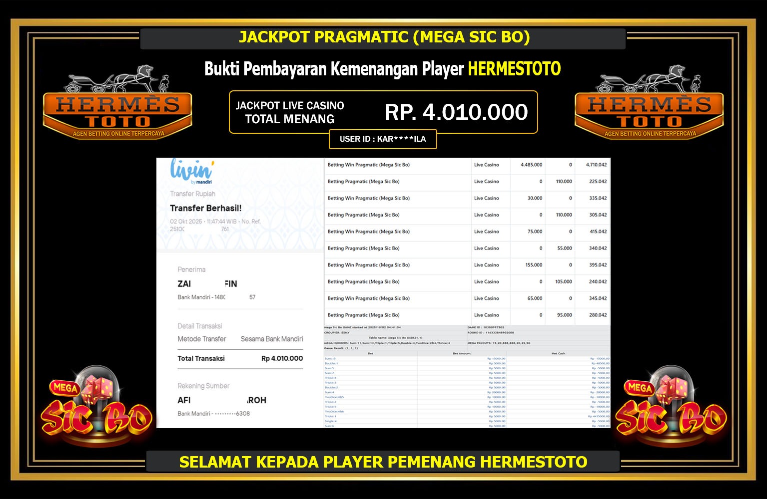 HERMESTOTO JACKPOT PRAGMATIC (MEGA SIC BO) Rp.4.010.000,- LUNAS