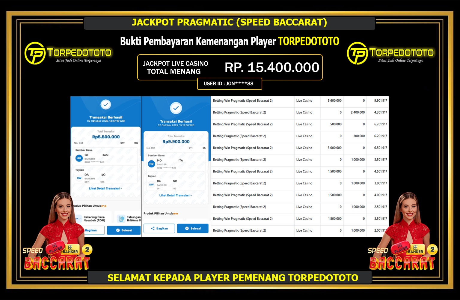 TORPEDOTOTO JACKPOT PRAGMATIC (SPEED BACCARAT) Rp.15.400.000,- LUNAS
