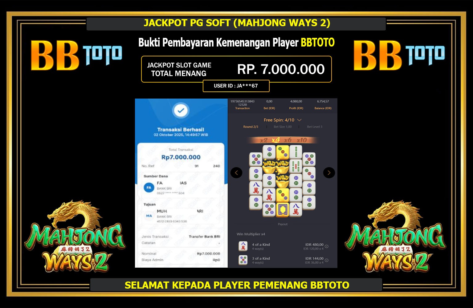 BBTOTO JACKPOT PG SOFT (MAHJONG WAYS 2) Rp.7.000.000,- LUNAS