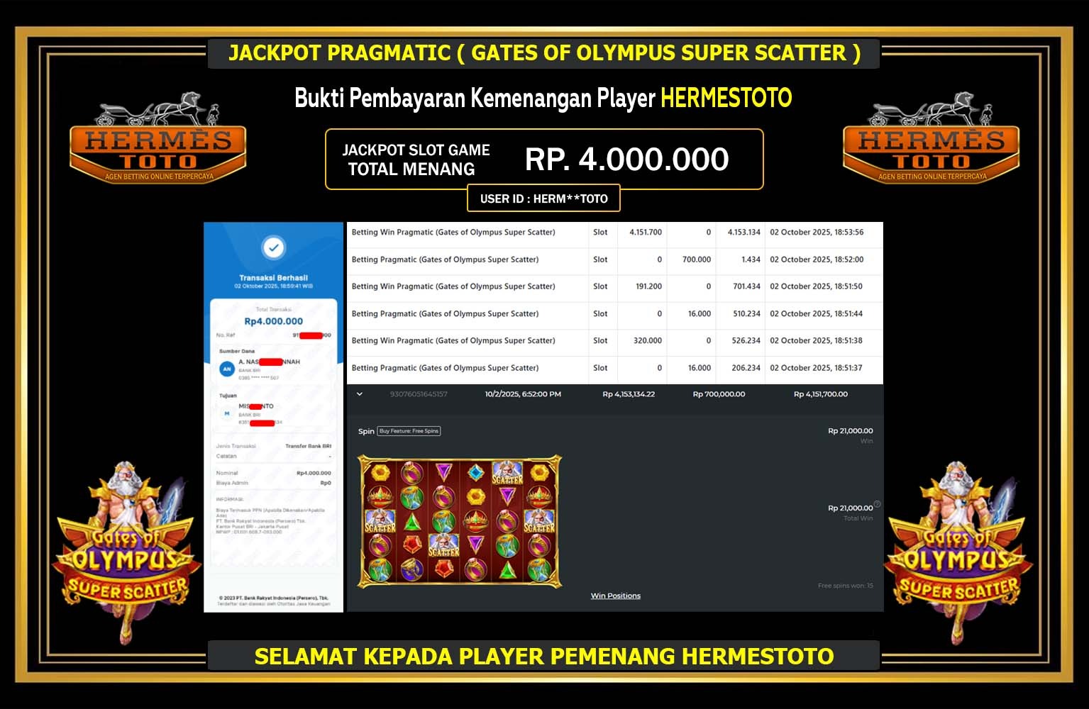 HERMESTOTO JACKPOT PRAGMATIC (Gates of Olympus Super Scatter) Rp.4.000.000,- LUNAS