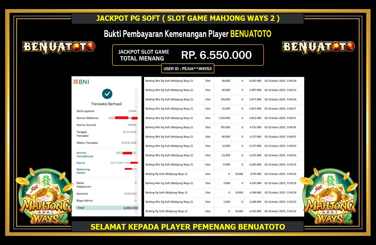 BENUATOTO JACKPOT PG SOFT (MAHJONG WAYS 2) Rp.6.550.000,- LUNAS