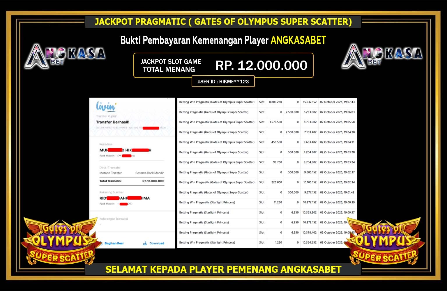 ANGKASABET JACKPOT PRAGMATIC (Gates of Olympus Super Scatter Rp.12.000.000,- LUNAS