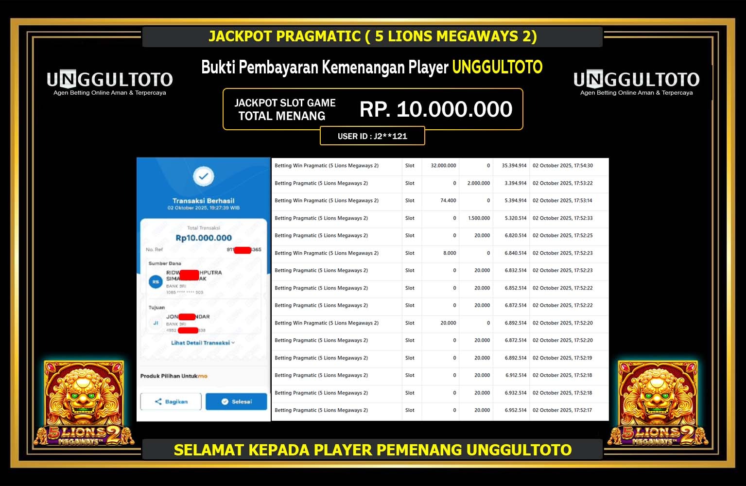 UNGGULTOTO JACKPOT PRAGMATIC (5 LIONS MEGAWAYS 2) Rp.10.000.000,- LUNAS
