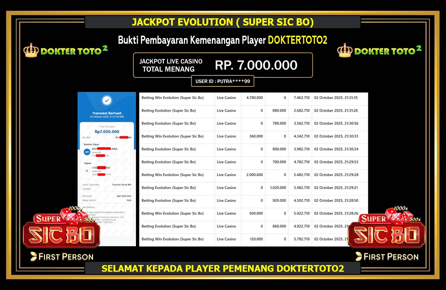 DOKTERTOTO2 JACKPOT EVOLUTION (SUPER SIC BO) Rp.7.000.000,- LUNAS