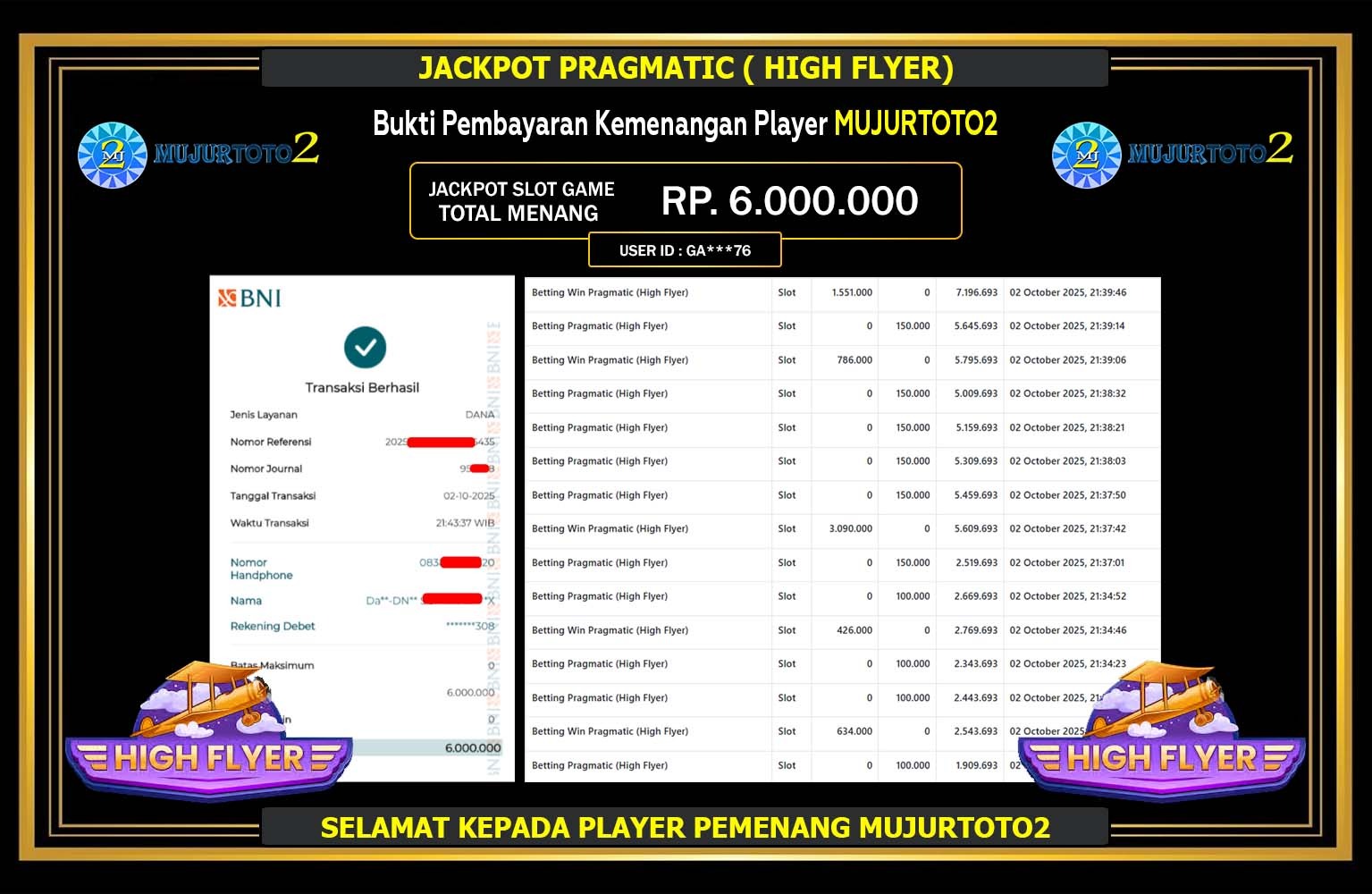 MUJURTOTO2 JACKPOT PRAGMATIC (HIGH FLYER) Rp.6.000.000,- LUNAS
