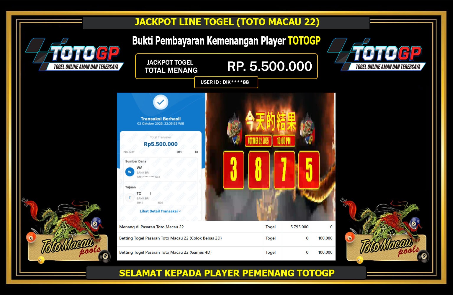TOTOGP JACKPOT LINE TOGEL (TOTO MACAU 22) Rp.5.500.000,- LUNAS