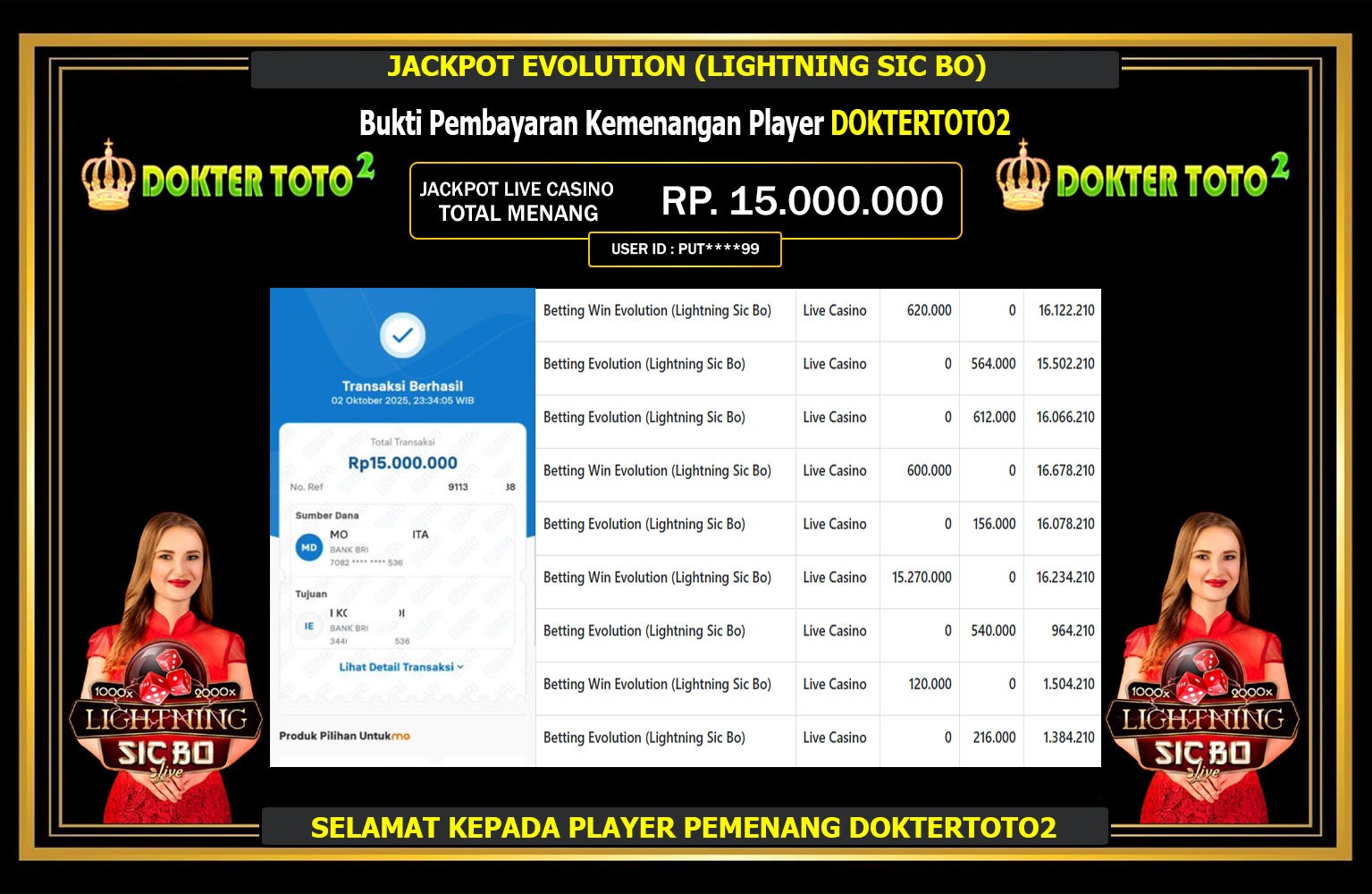 DOKTERTOTO2 JACKPOT EVOLUTION (LIGHTNING SIC BO) Rp.15.000.000,- LUNAS