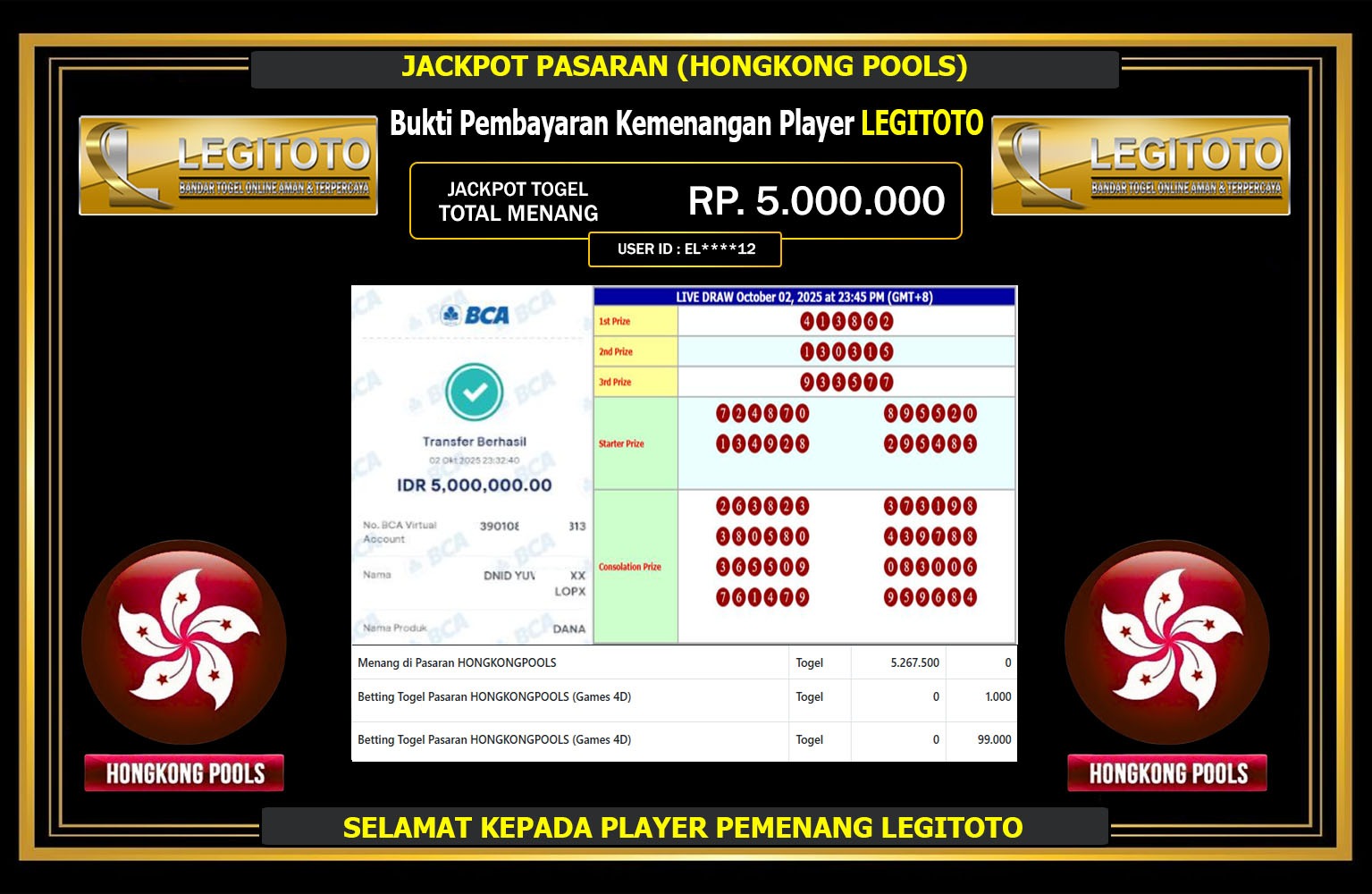 LEGITOTO JACKPOT PASARAN (HONGKONG POOLS) Rp.5.000.000,- LUNAS
