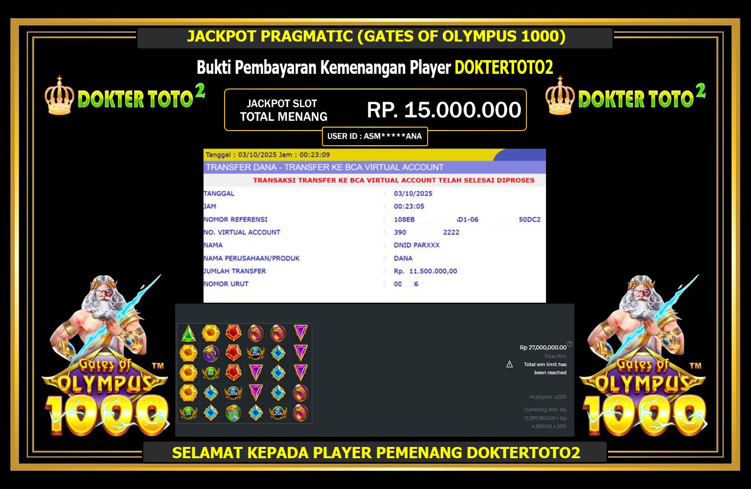 DOKTERTOTO2 JACKPOT PRAGMATIC (GATES OF OLYMPUS 10000) Rp.15.000.000,- LUNAS