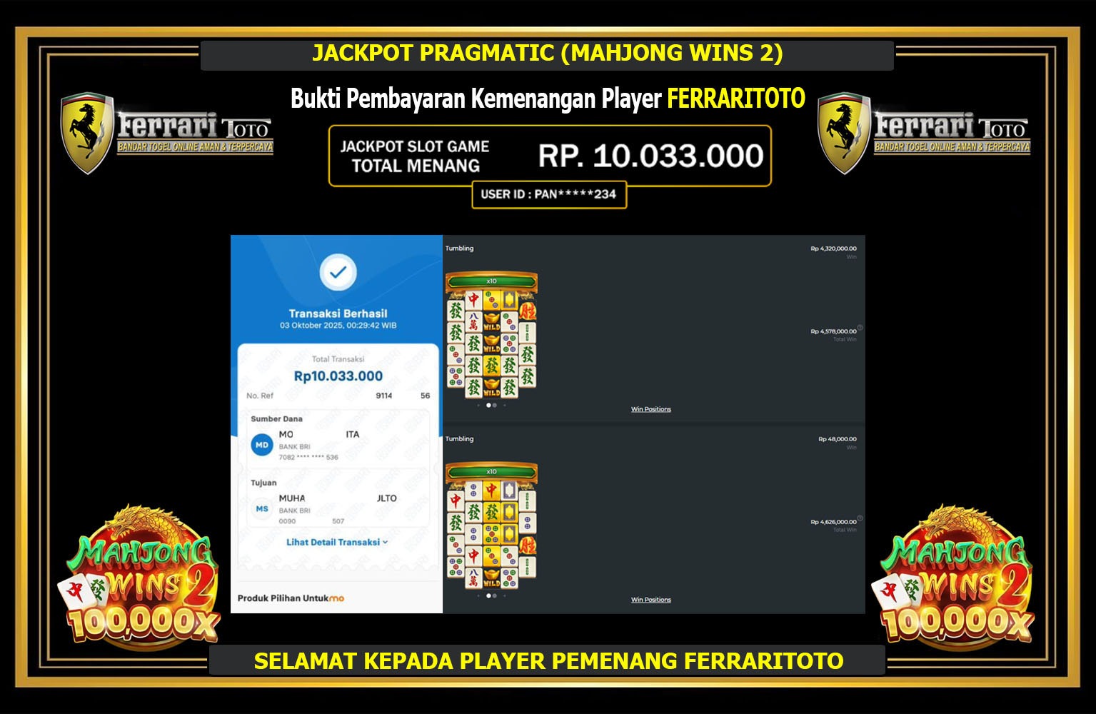 FERRARITOTO JACKPOT PRAGMATIC (MAHJONG WINS 2) Rp.10.033.000,- LUNAS