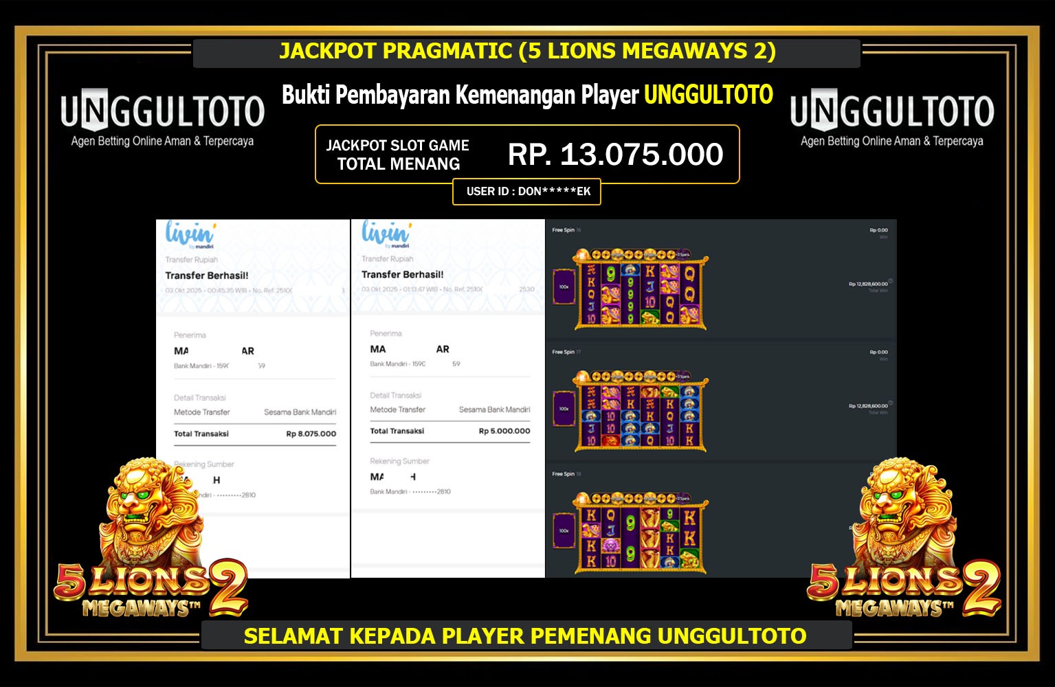 UNGGULTOTO JACKPOT PRAGMATIC (5 LIONS MEGAWAYS 2) Rp.13.075.000,- LUNAS