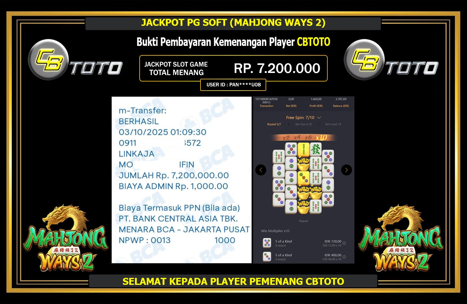 CBTOTO JACKPOT PG SOFT (MAHJONG WAYS 2) Rp.7.200.000,- LUNAS